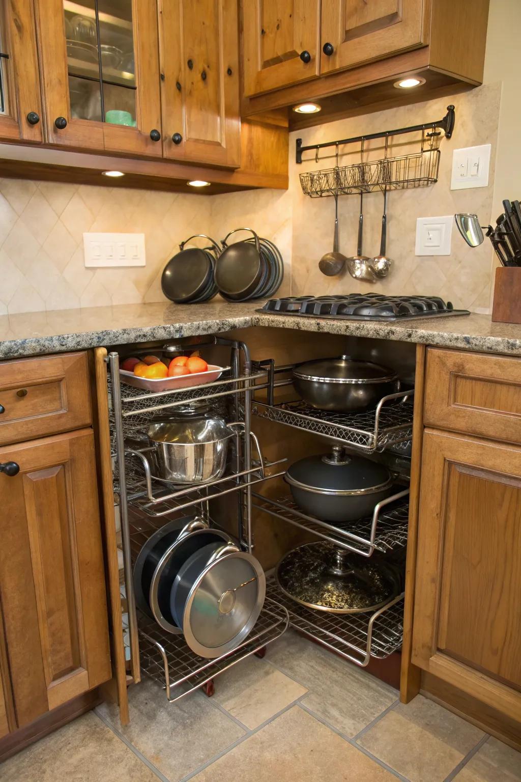 Utilize nook spaces with cutting-edge rack designs to maximize kitchen storage.