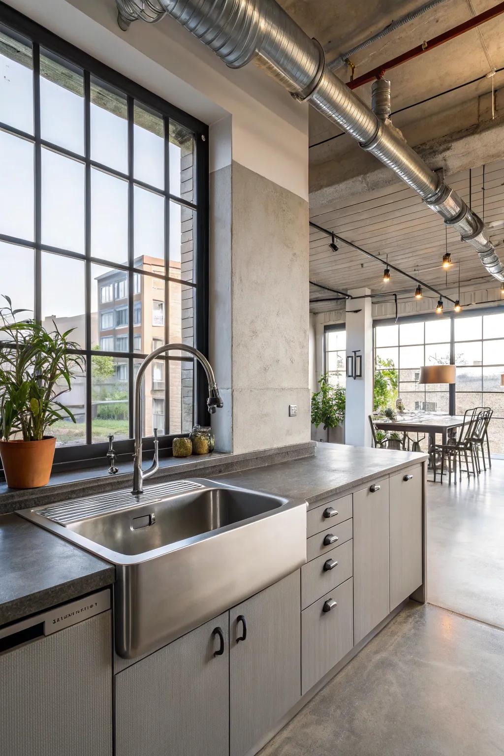 A modern kitchen featuring a durable and sleek stainless steel sink.