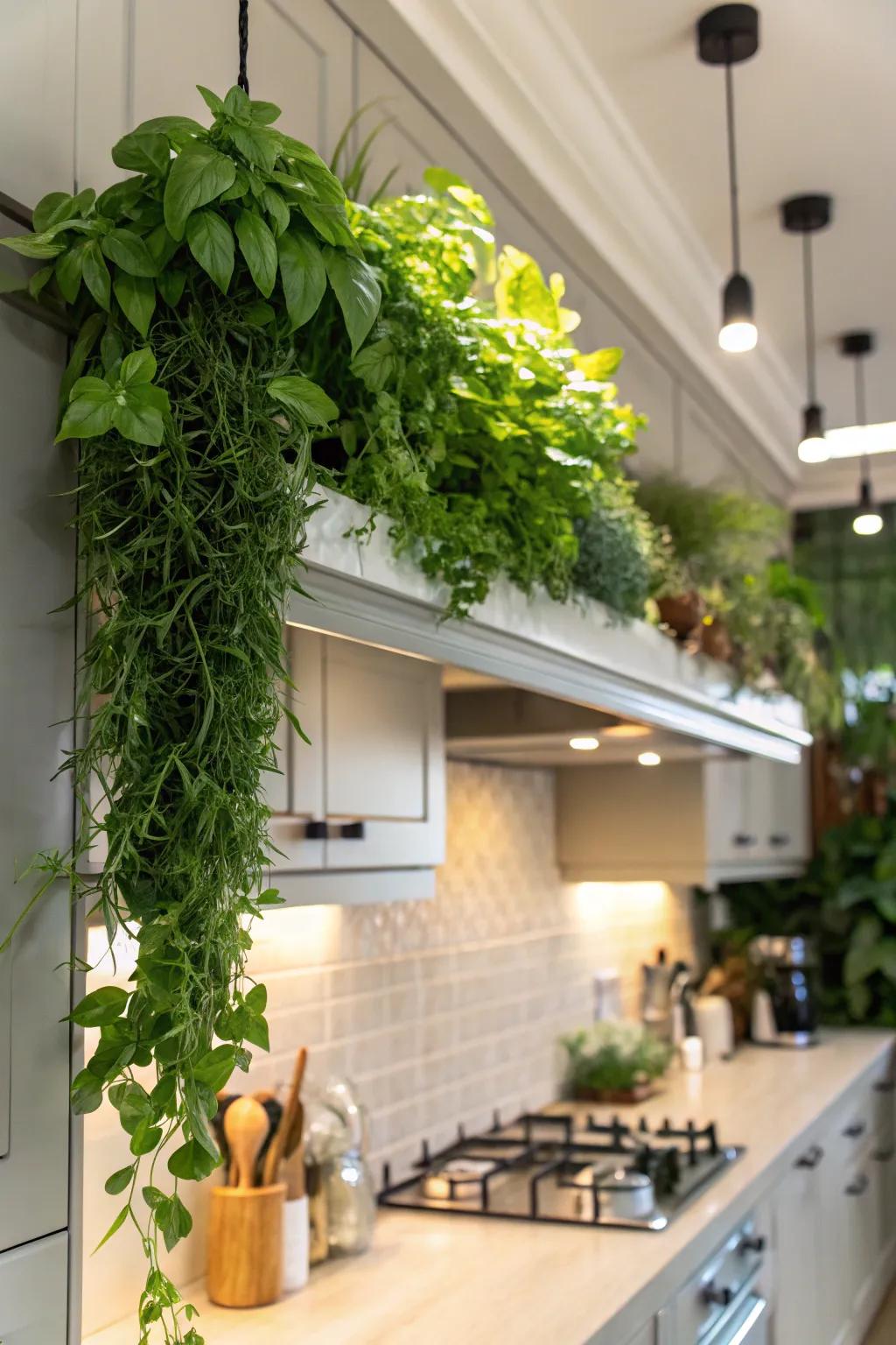 A green soffit with a collection of lively plants.