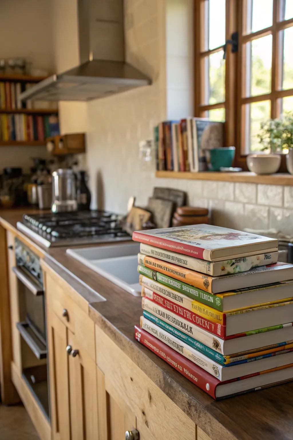 Cookbooks blend practical use with aesthetic charm.