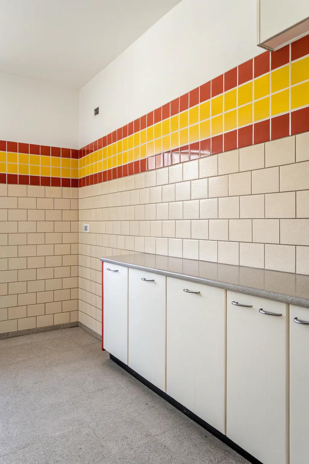 Neutral tiles coupled with a vibrant highlighted band include a splash of shade for this minimalist cooking area.