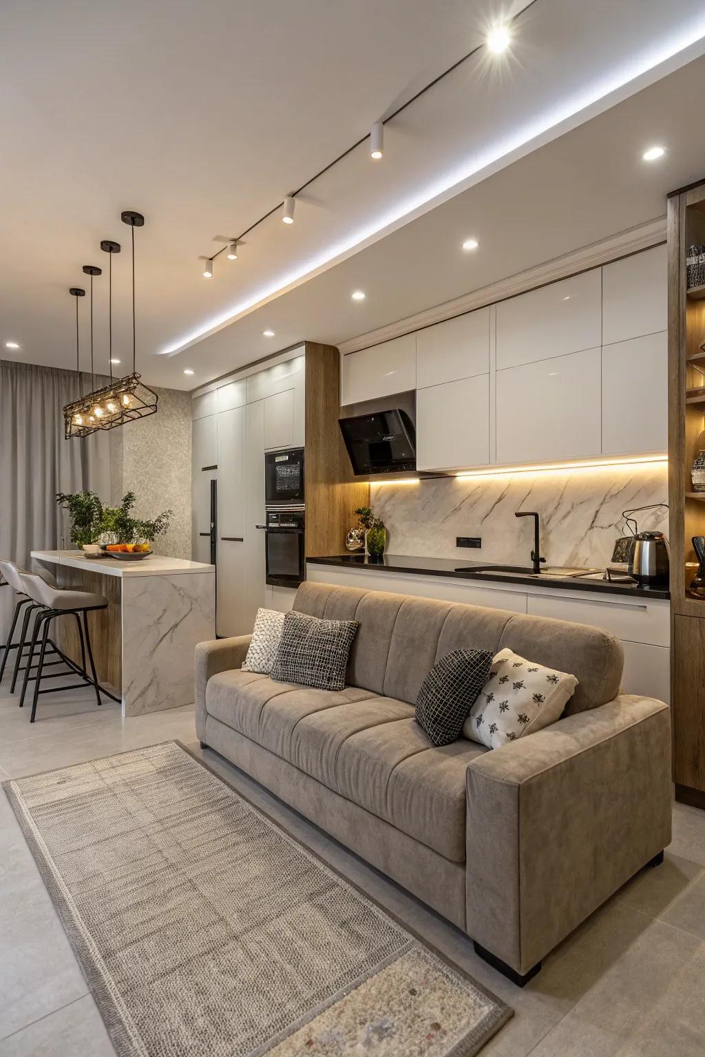 A stylish kitchen with a functional sofa that complements its elegant design.