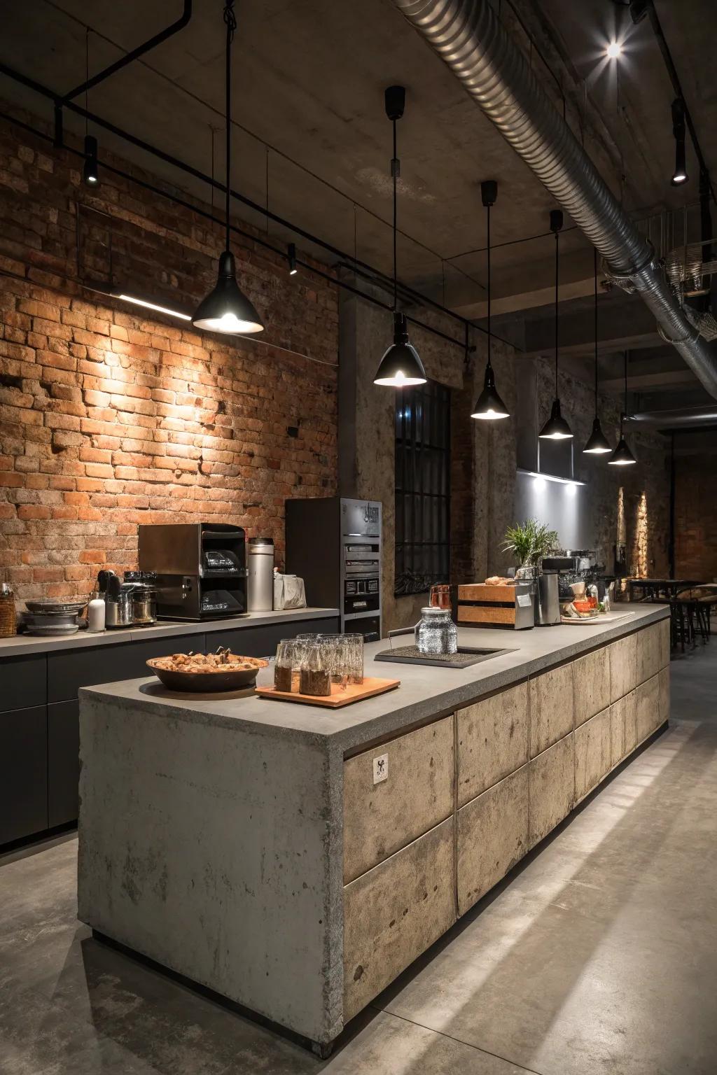 Concrete surfaces introduce a raw, urban flair to kitchen environments.