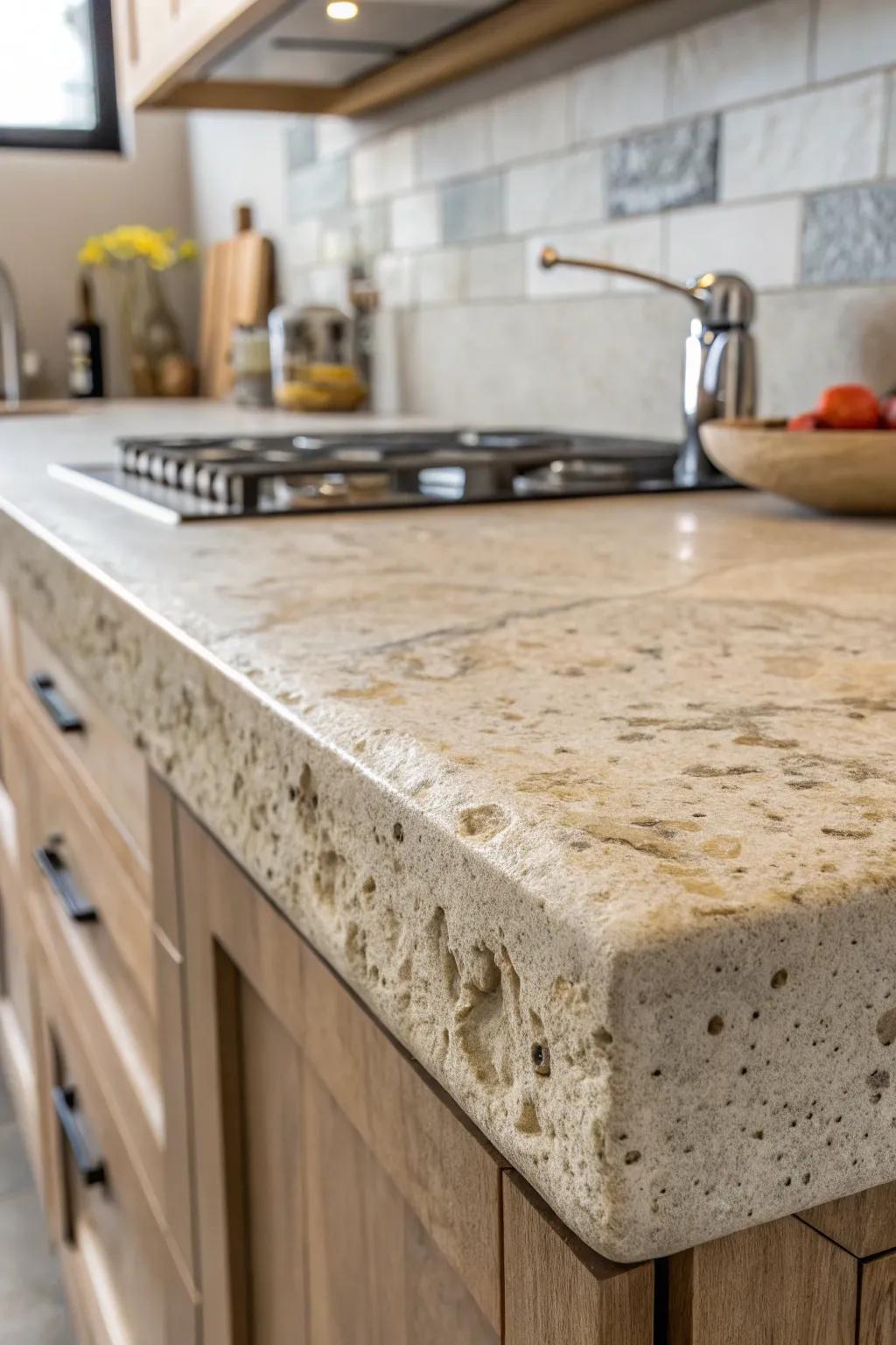 A close-up of textured concrete countertops adding depth to the kitchen.