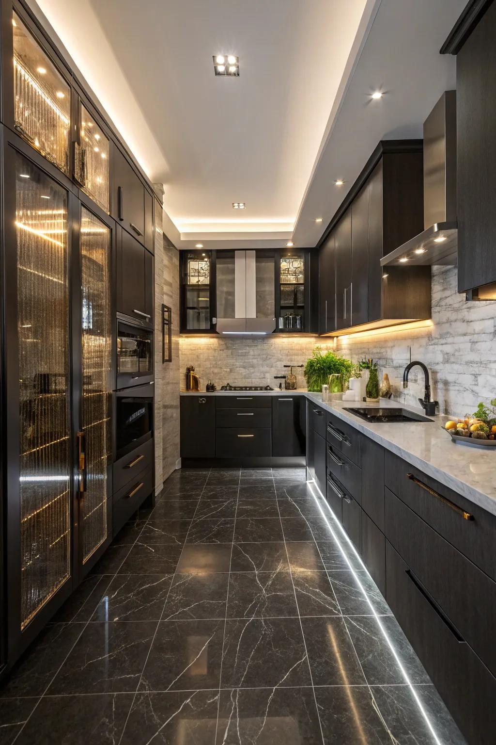 Mixed textures create depth in this modern kitchen with dark floors.