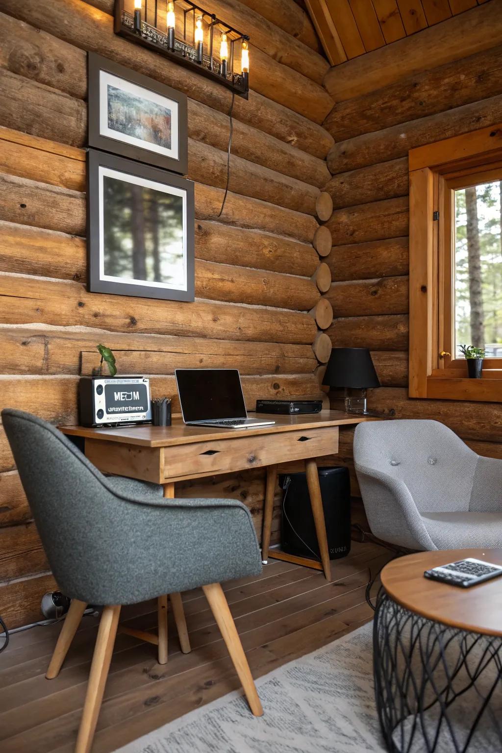 Modern luxuries meet traditional knotty pine charm.