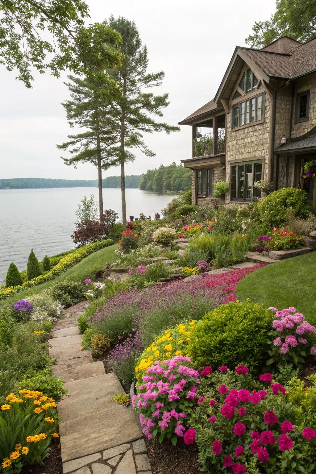 A lush garden enhancing the lake house's natural beauty.