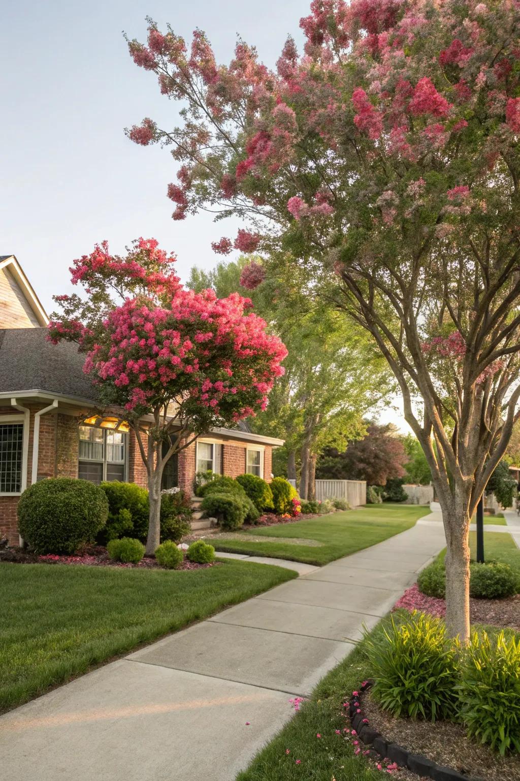 Small flowering trees add height and act as focal points in the front yard landscape.