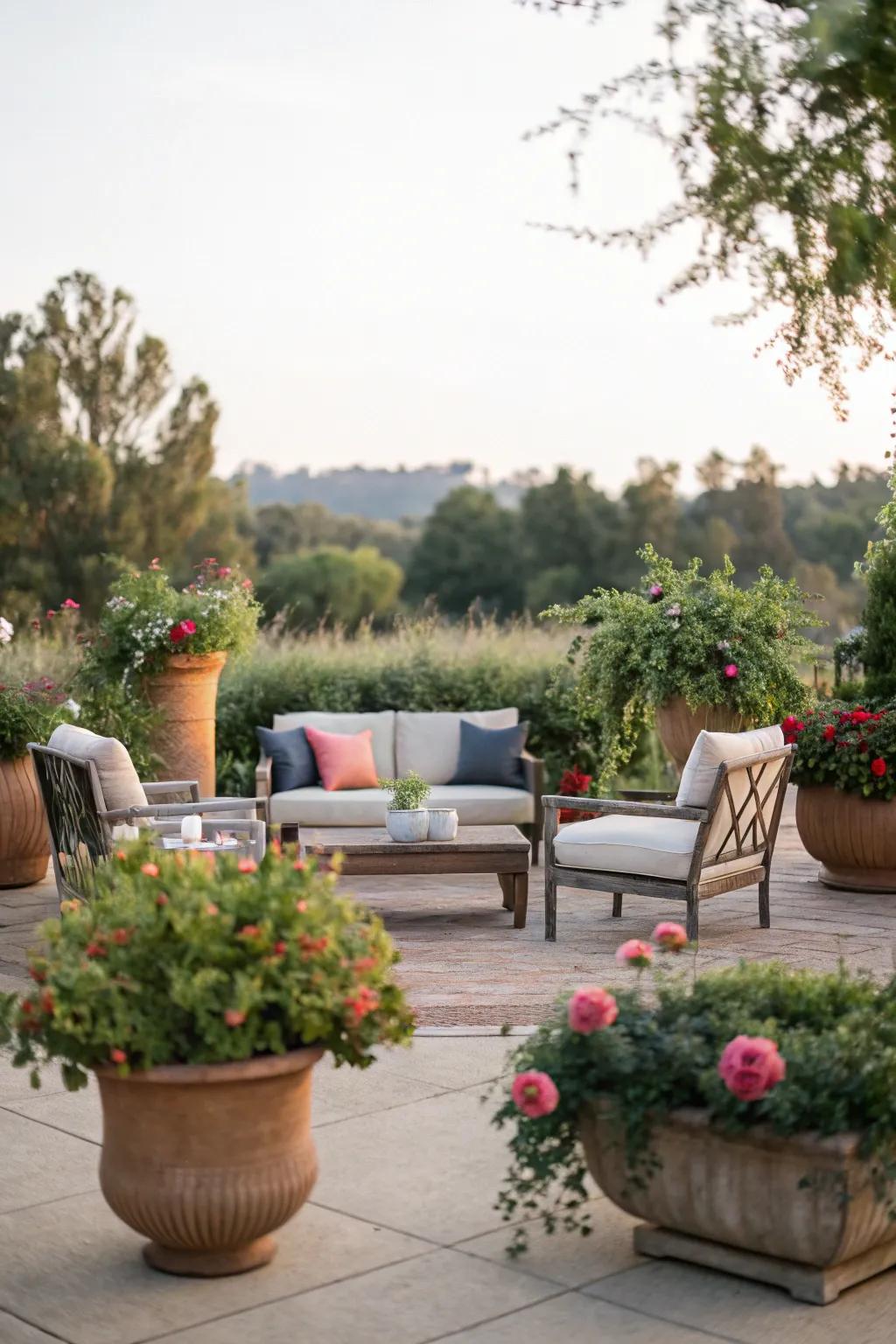 Enhance your outdoor seating with lush arrangements of planters.