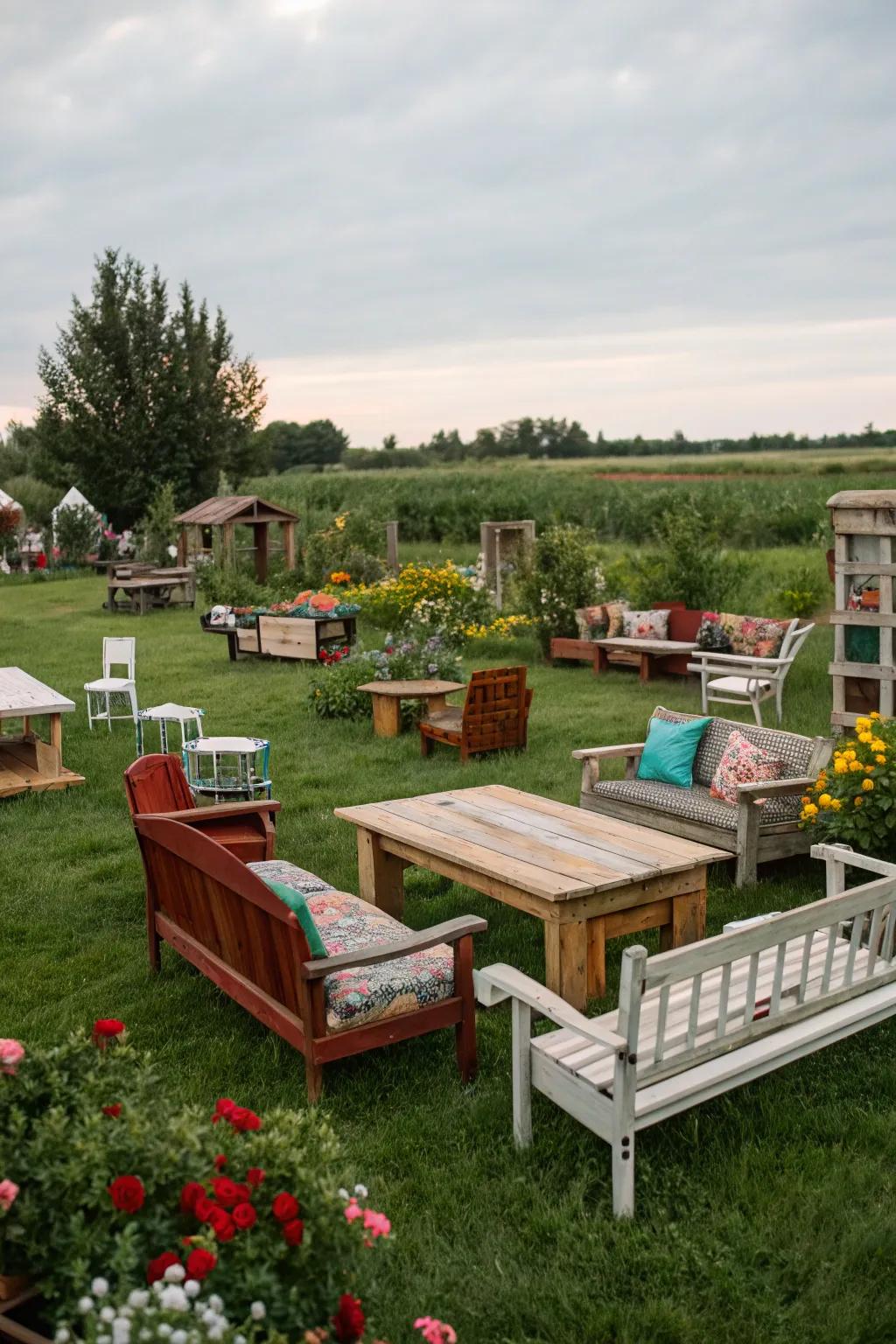 Upcycled furniture can add unique charm to your outdoor space.