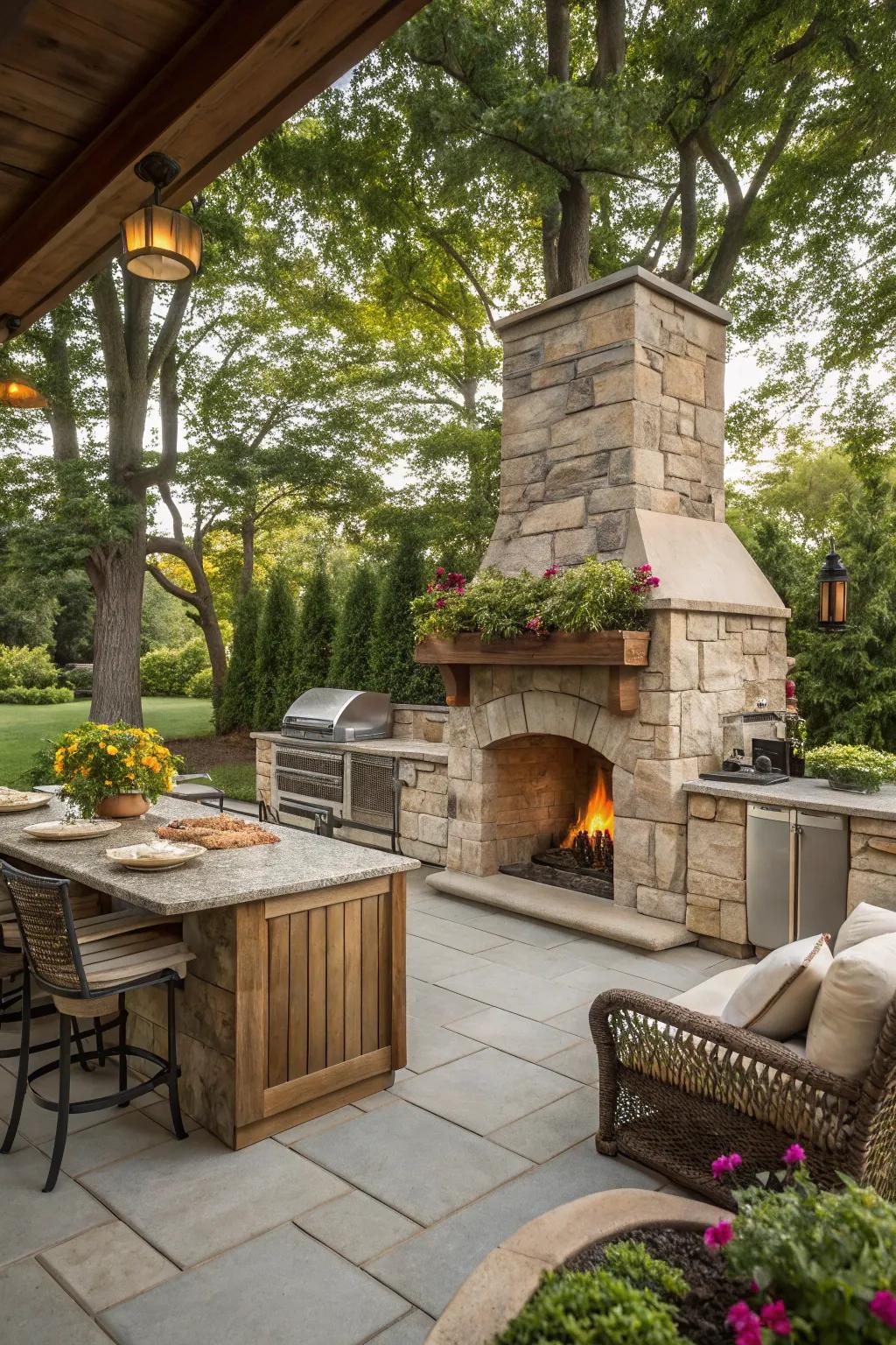 An inviting outdoor kitchen with a cozy fireplace.
