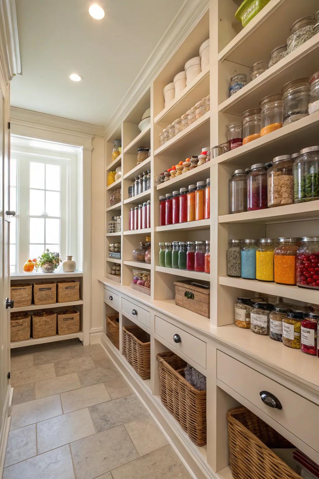 A neatly arranged walk-in pantry, ideal for maintaining a tidy large kitchen.