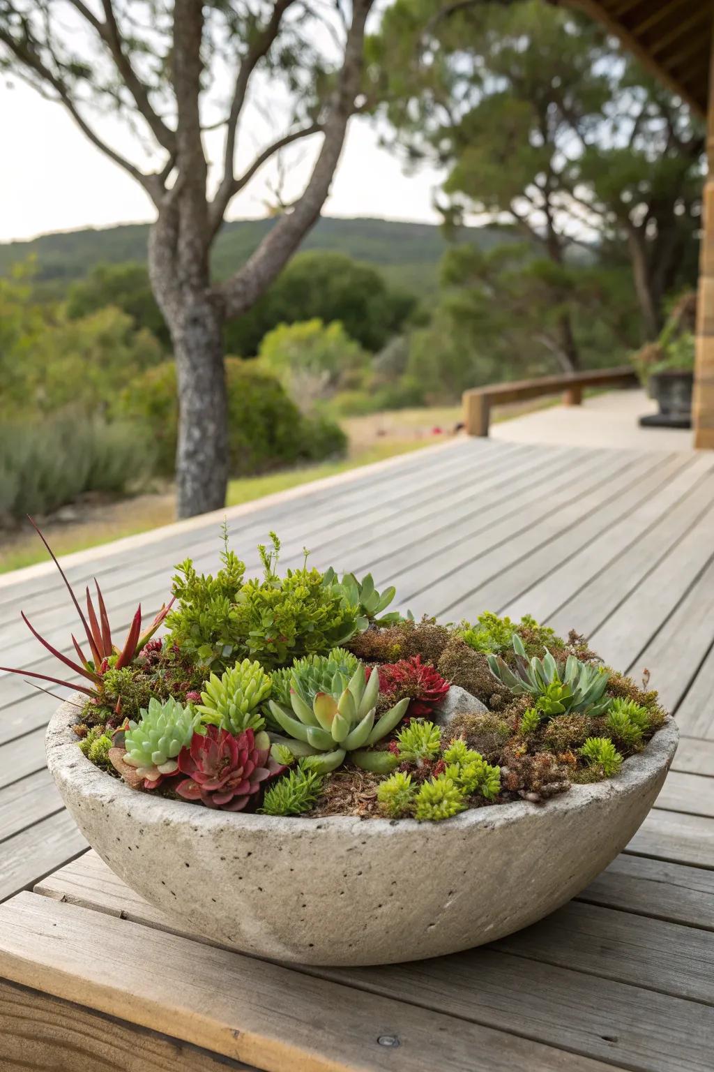A stone bowl serving as a tranquil succulent garden.