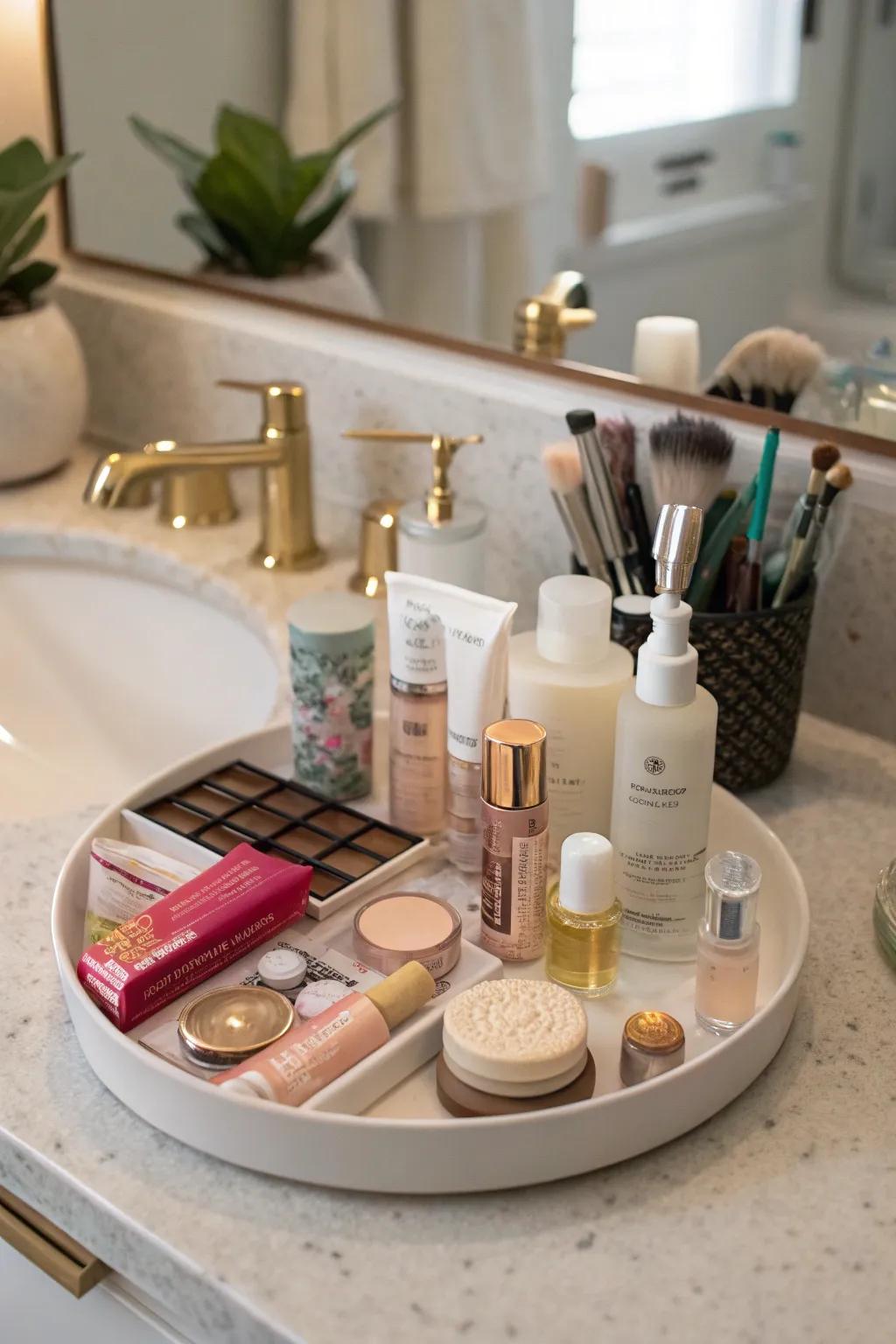 A calm bathroom counter featuring a spinner arranging beauty items.