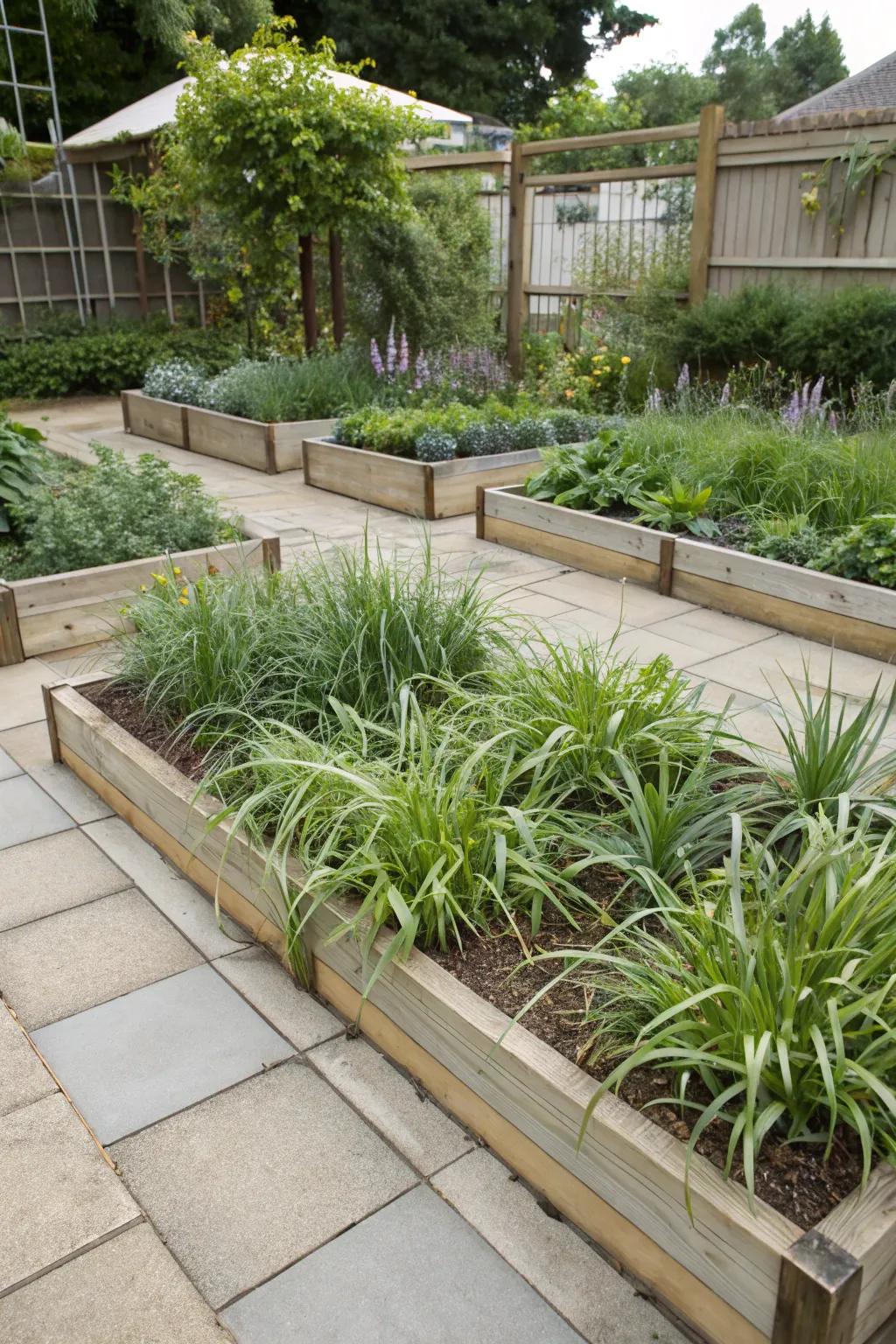 Vertical beauty emphasized with raised garden beds bordered by liriope.