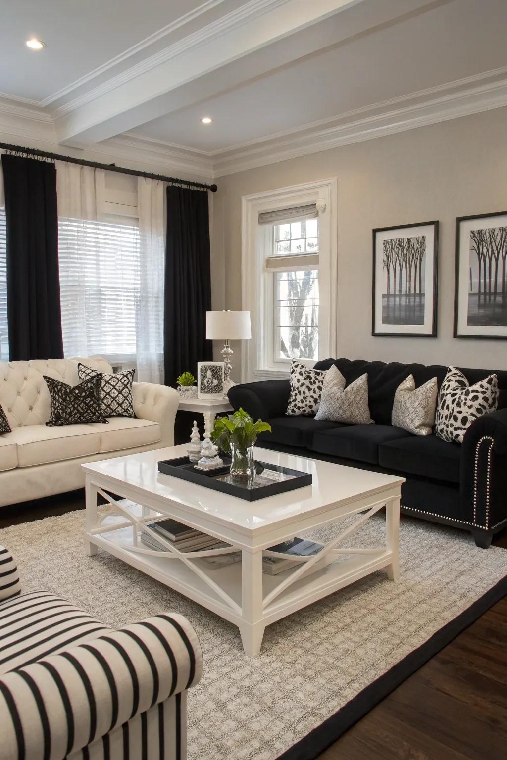Timeless black and white contrast creates a bold statement.