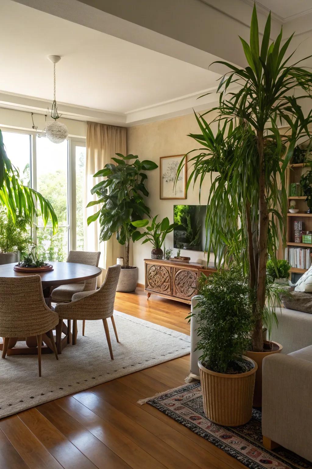 Plants bring the outdoors inside, fashioning a soft separation between zones.