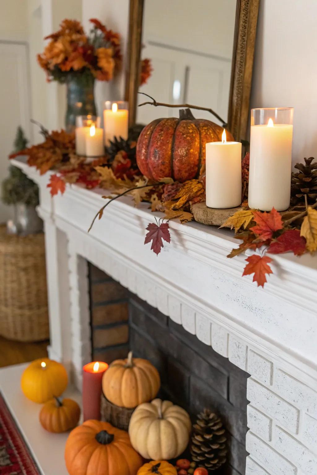 A fall-themed mantel arrangement that warms the soul and draws the eye.