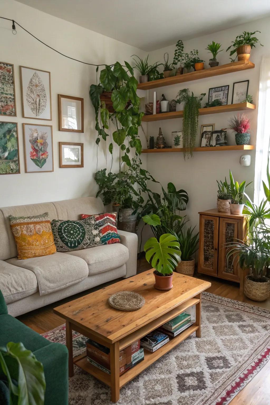 Plants and art bring personality to the living room.