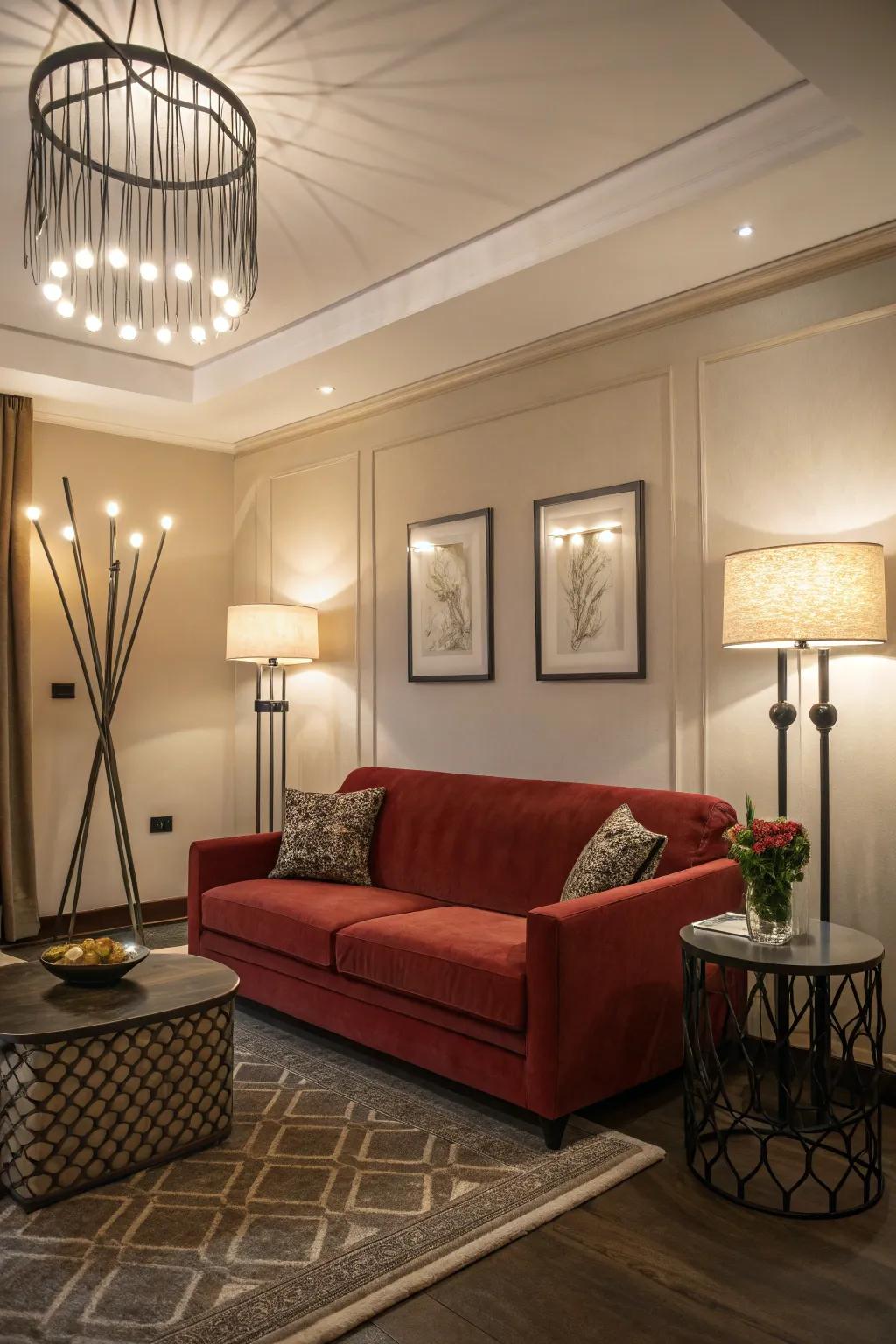Strategically positioned illumination accentuates the radiant shade and sophistication of a red sofa.