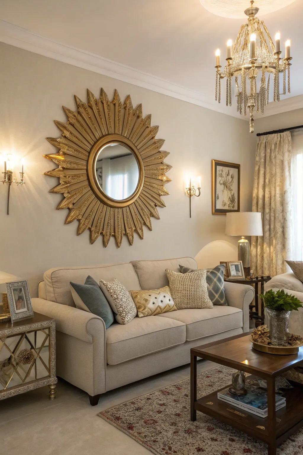 Infuse your living room with a cheerful vibe using a radiating mirror.