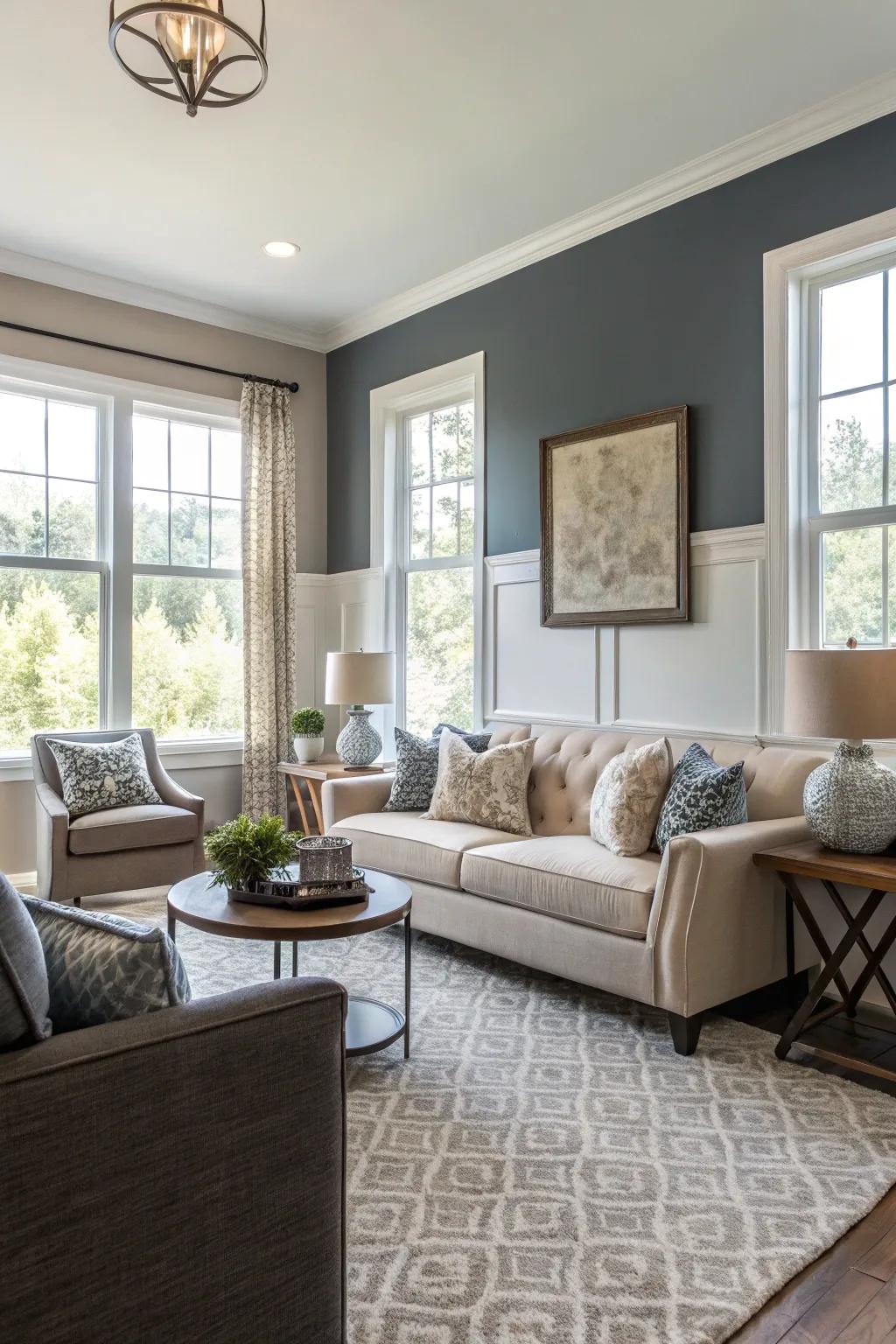 Bicolor walls establish vibrant aesthetic interest.