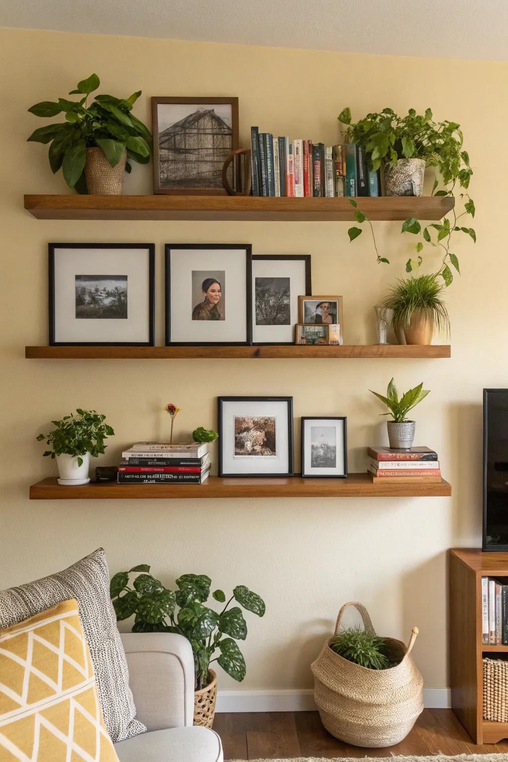Liven up your photo wall with shelves and greenery for a refreshed atmosphere.