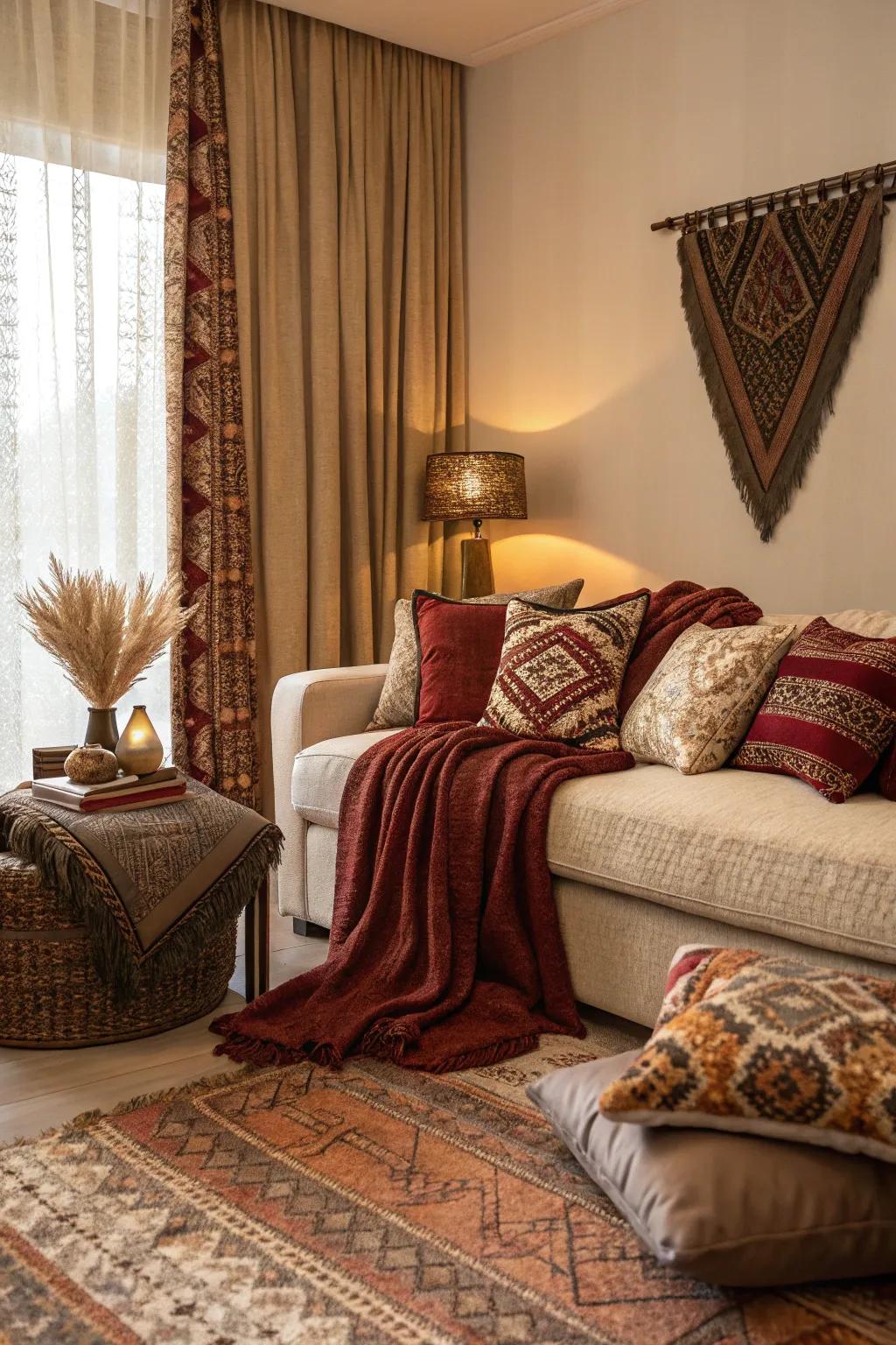 Layering textiles brings depth and interest to your living room photography.