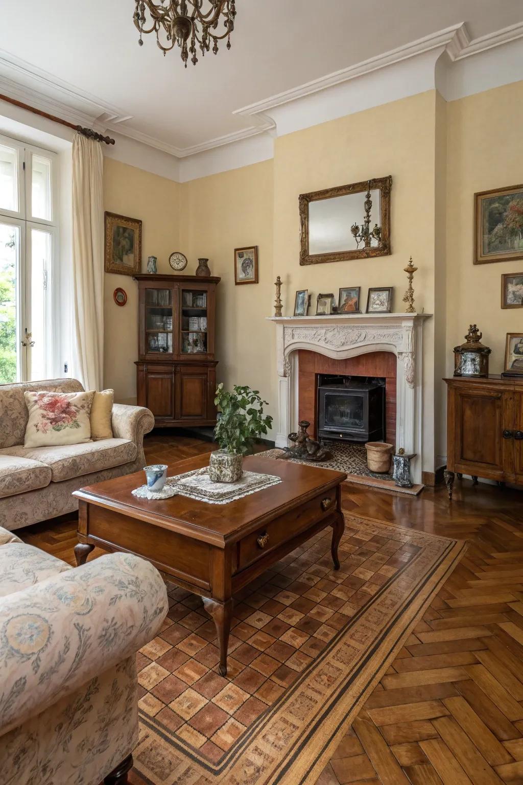 Elegant family room showcasing parquetry-look tiling.
