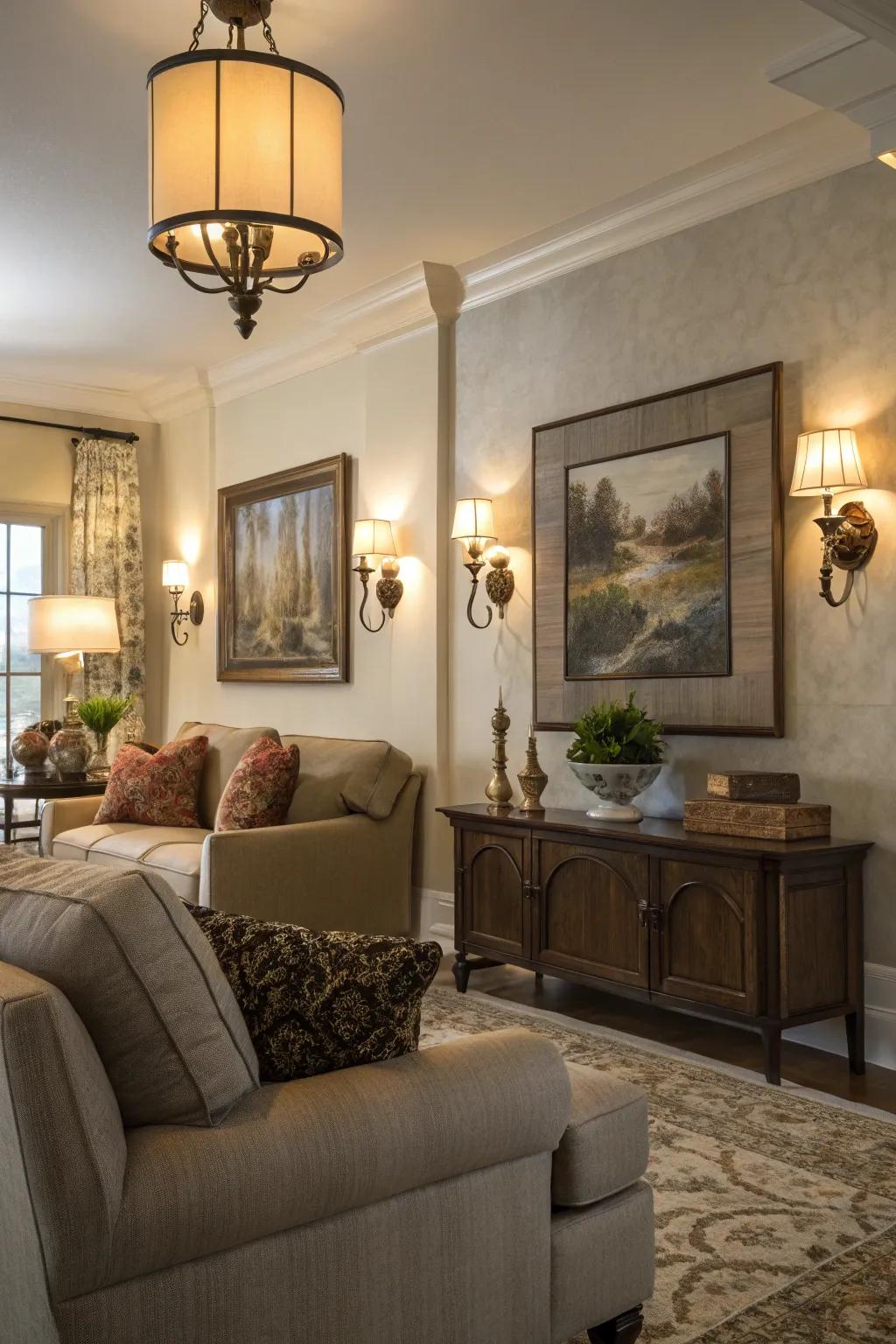 Adaptable lighting options are provided by movable sconces.