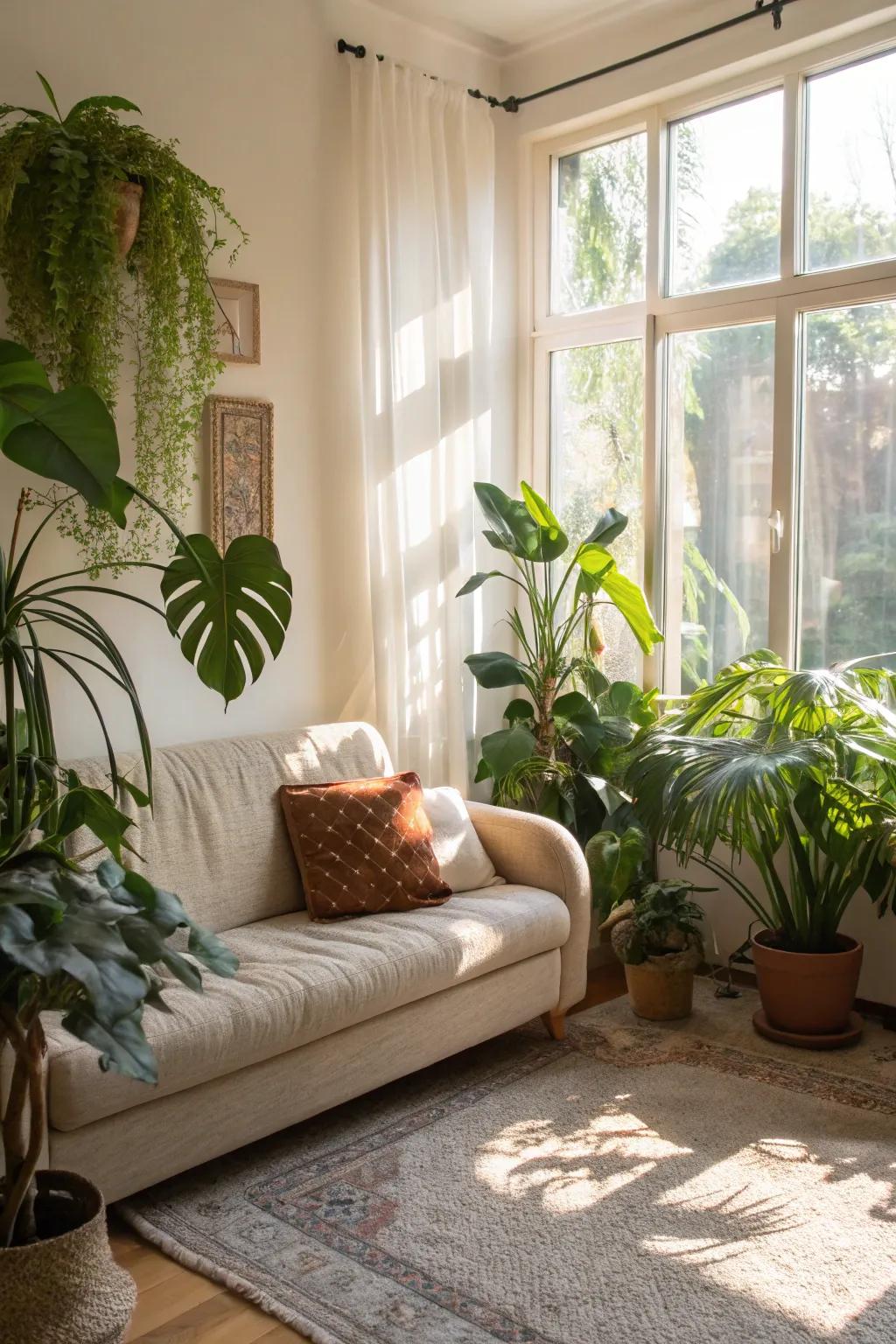 Natural light and greenery breathe life into your living room, making it feel airy and vibrant.