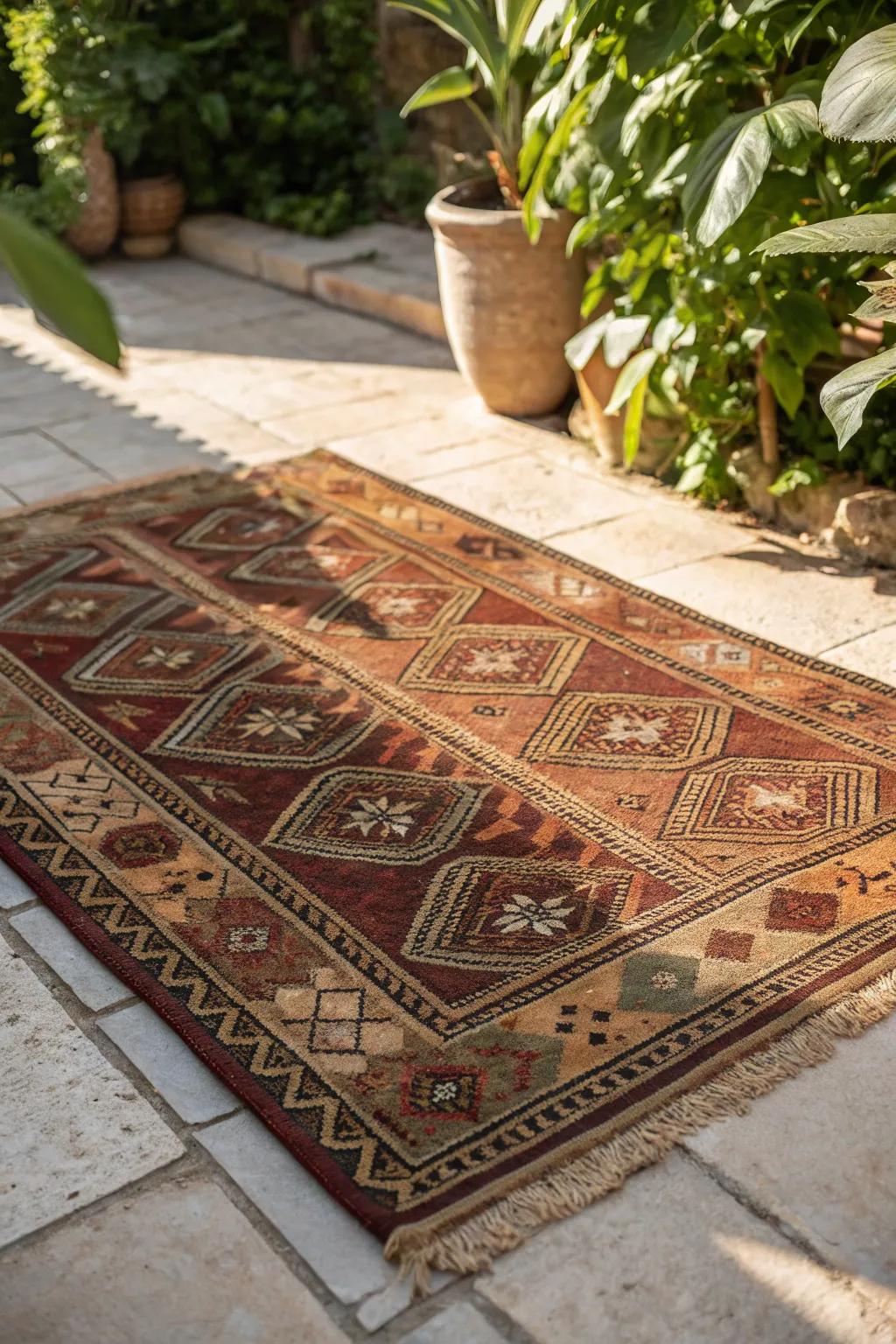 Transform your patio with a unique, thrifted rug that speaks volumes of style and craftsmanship. #PatioPerfection #RugRevamp