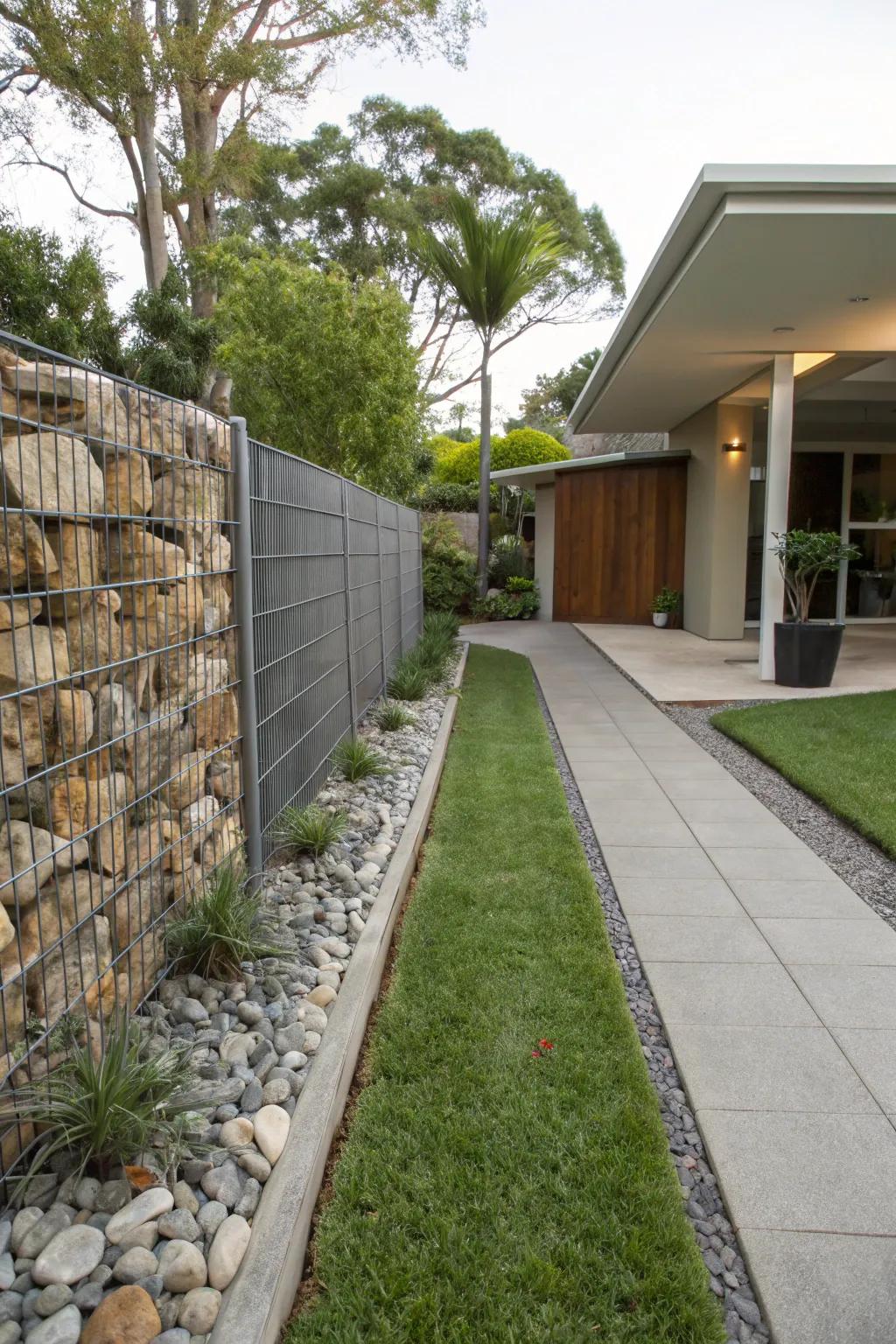 A gabion structure introduces a countryside yet contemporary element to this front garden.