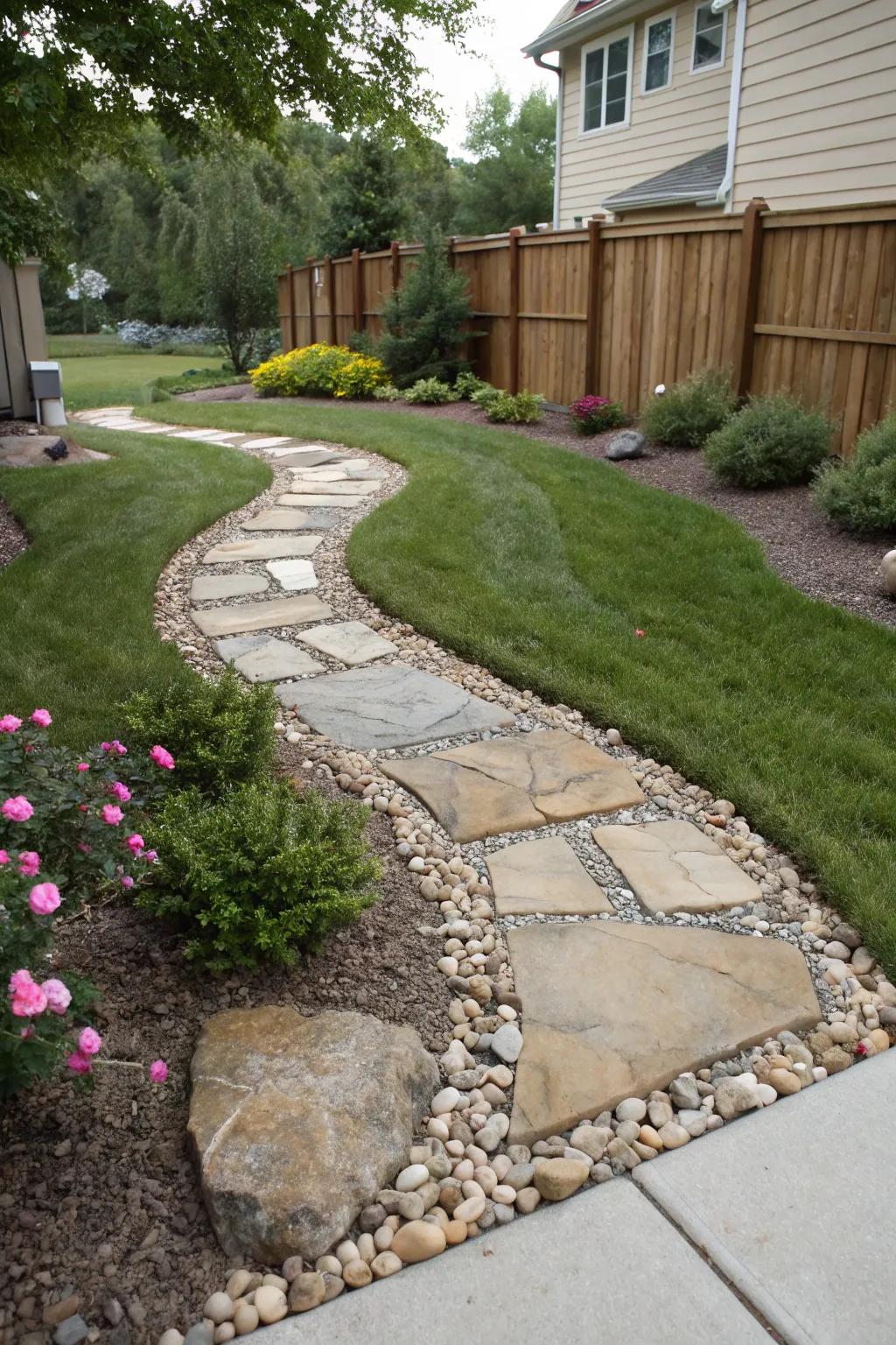 A front yard featuring paving stones and pebbles to reduce lawn maintenance.