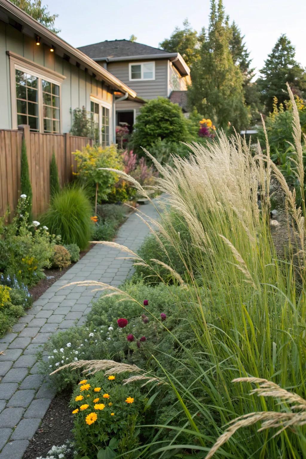 Tall grasses provide a natural privacy screen in a low-maintenance garden.