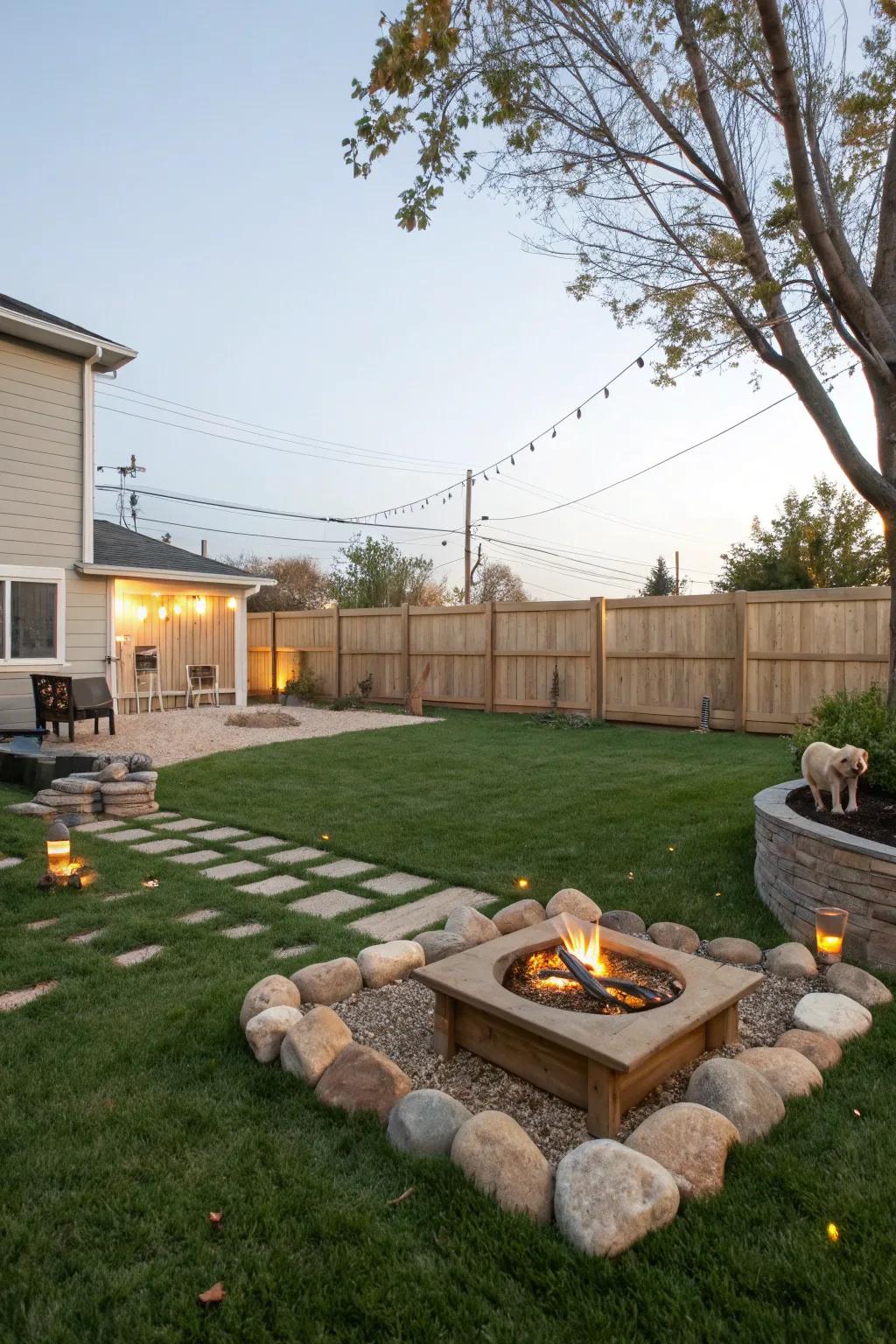 A welcoming fire enclave that complements a pet-attentive setting.
