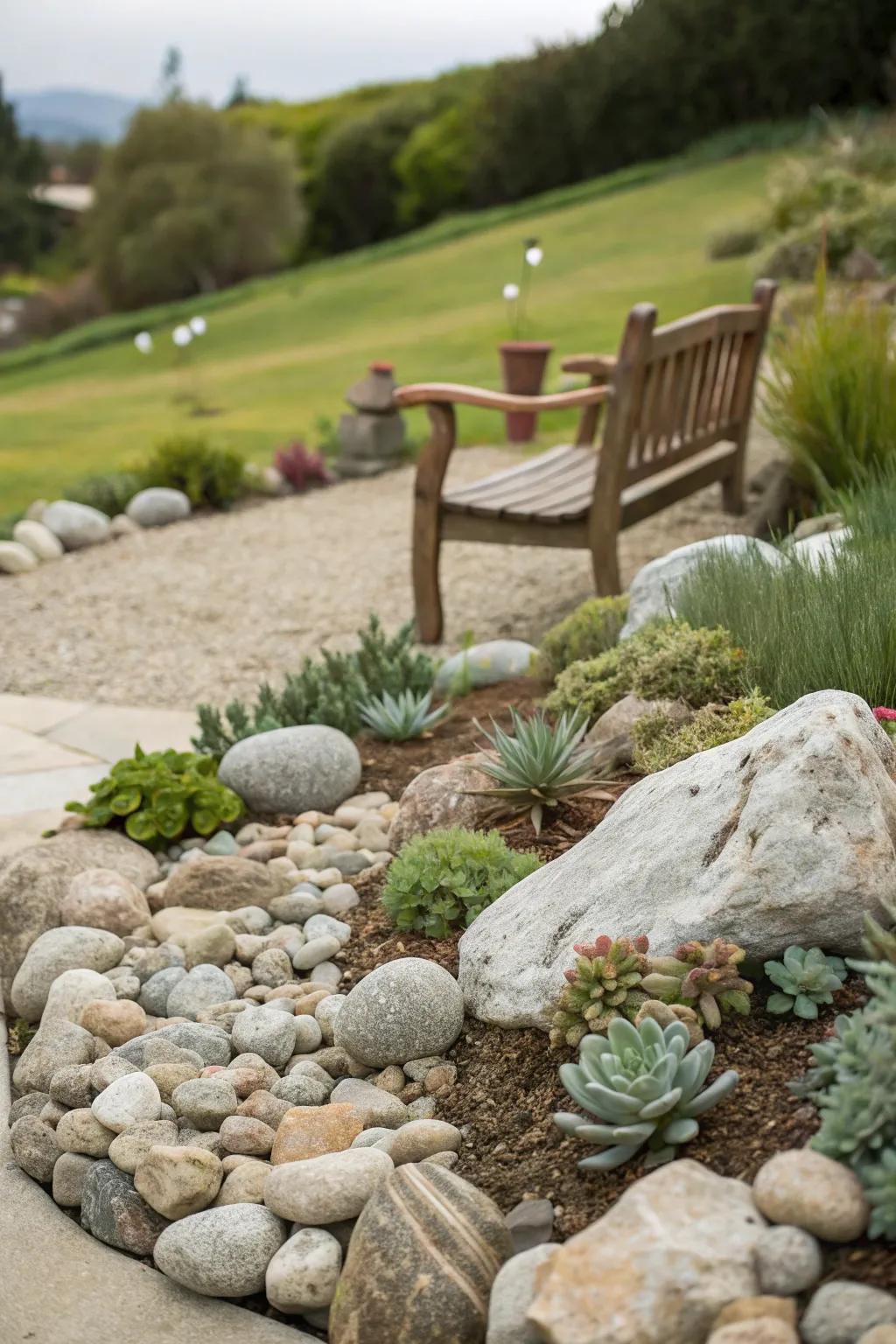 Design a captivating stone garden retreat using pebble stones.