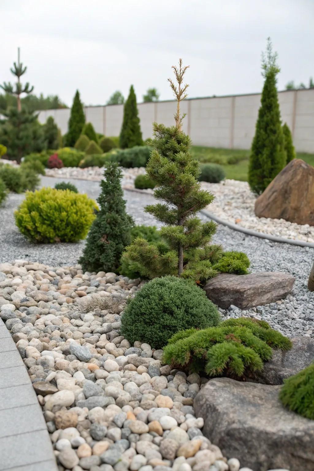 Small evergreens bring evergreen allure to a rock garden.