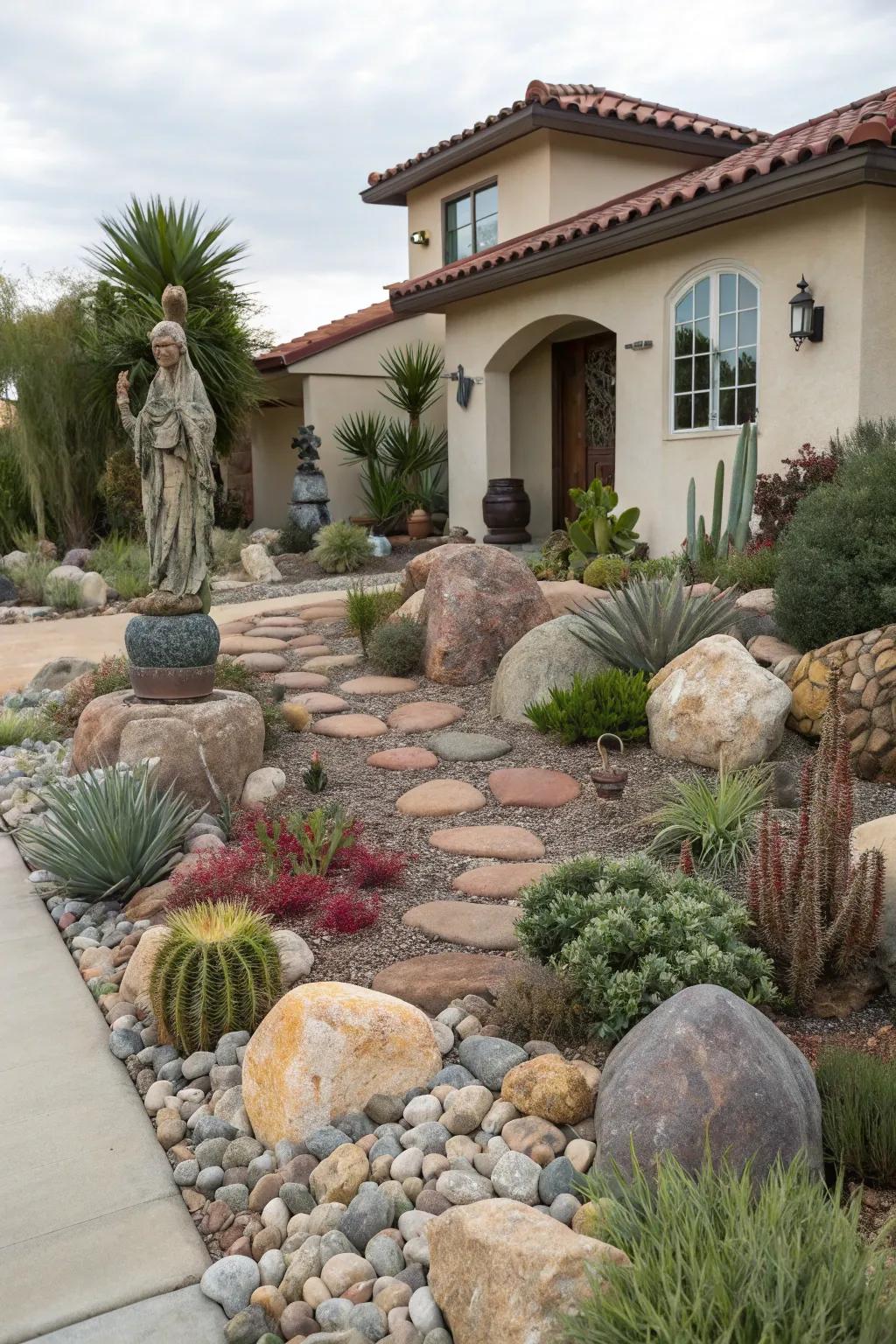 Decorative elements impart charm to a xeriscape yard while keeping maintenance minimal.