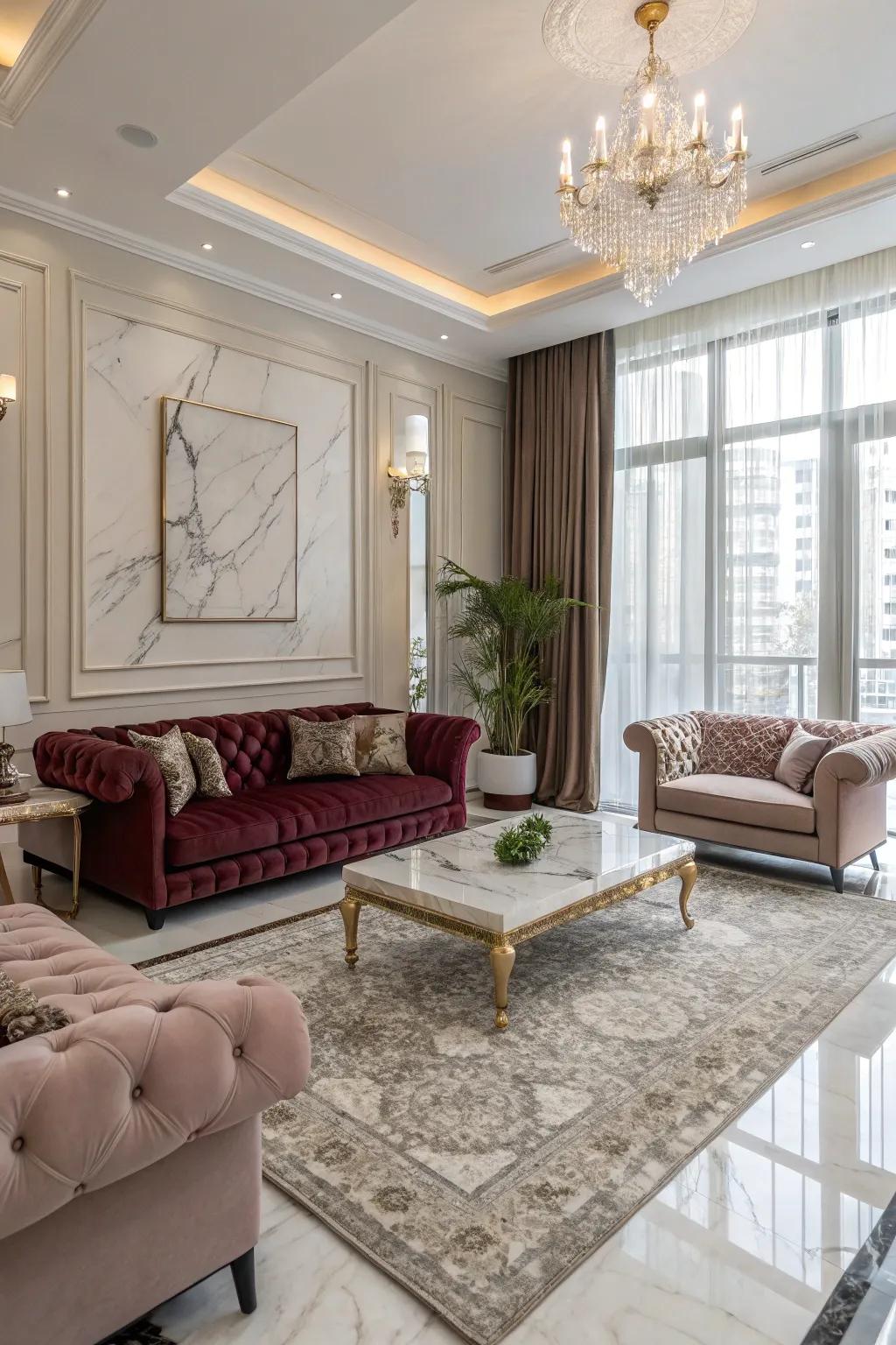 A mix of textures heightens the appeal of this deluxe living room.