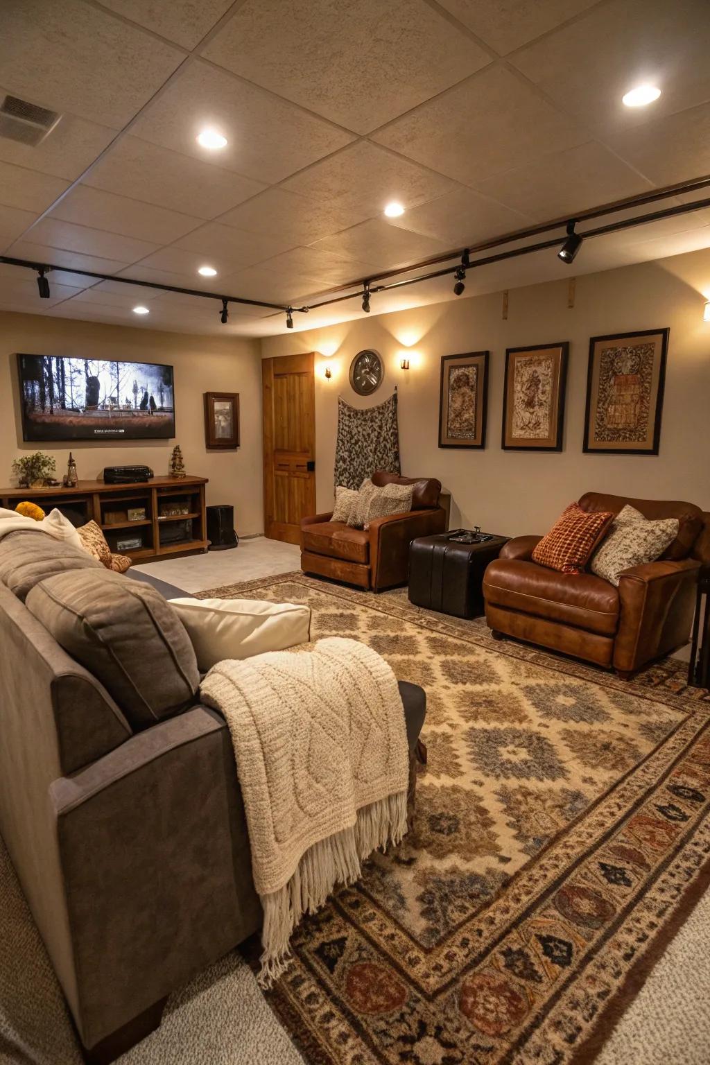 Comfortable rugs and throws add comfort and style to this man cave.
