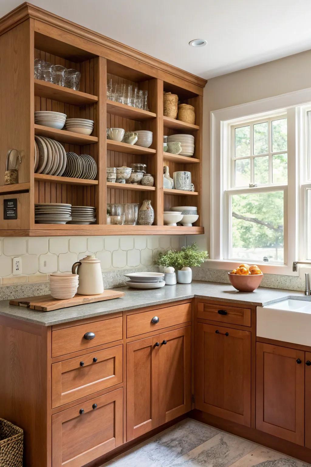 A kitchen blending maple cabinets with open shelving for a personalized look.