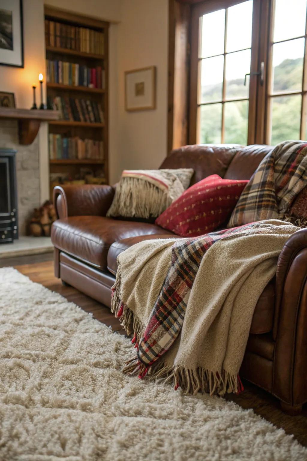 Textured floor coverings and throws append layers of comfort to the den.
