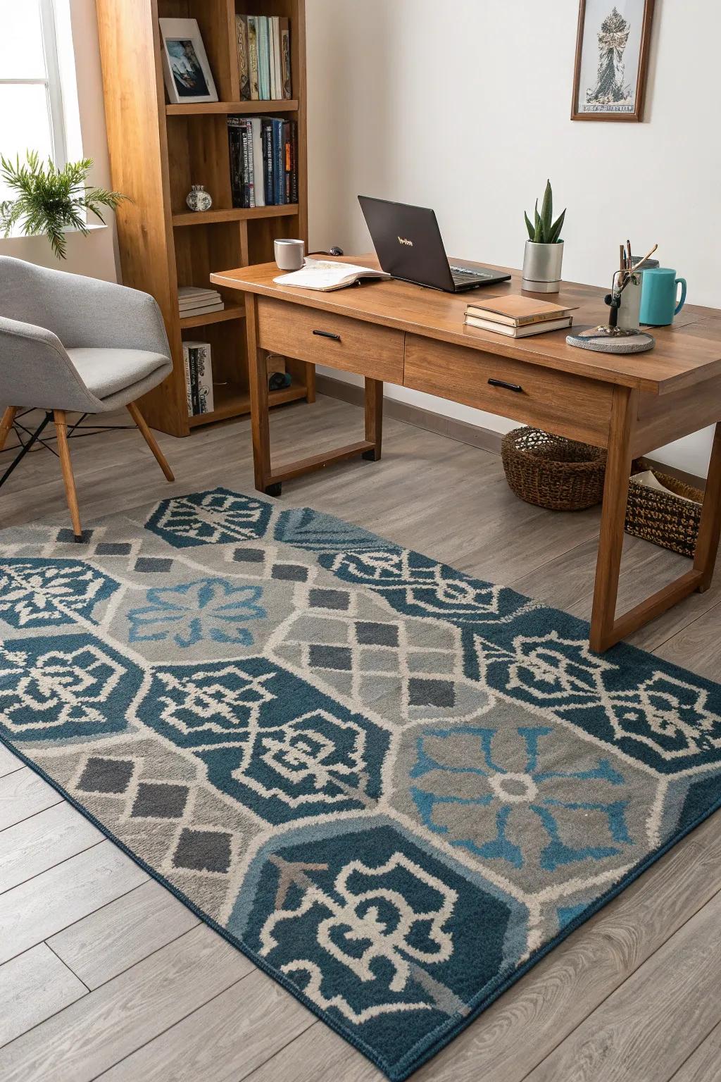 A statement rug under a wooden desk defines the workspace area.