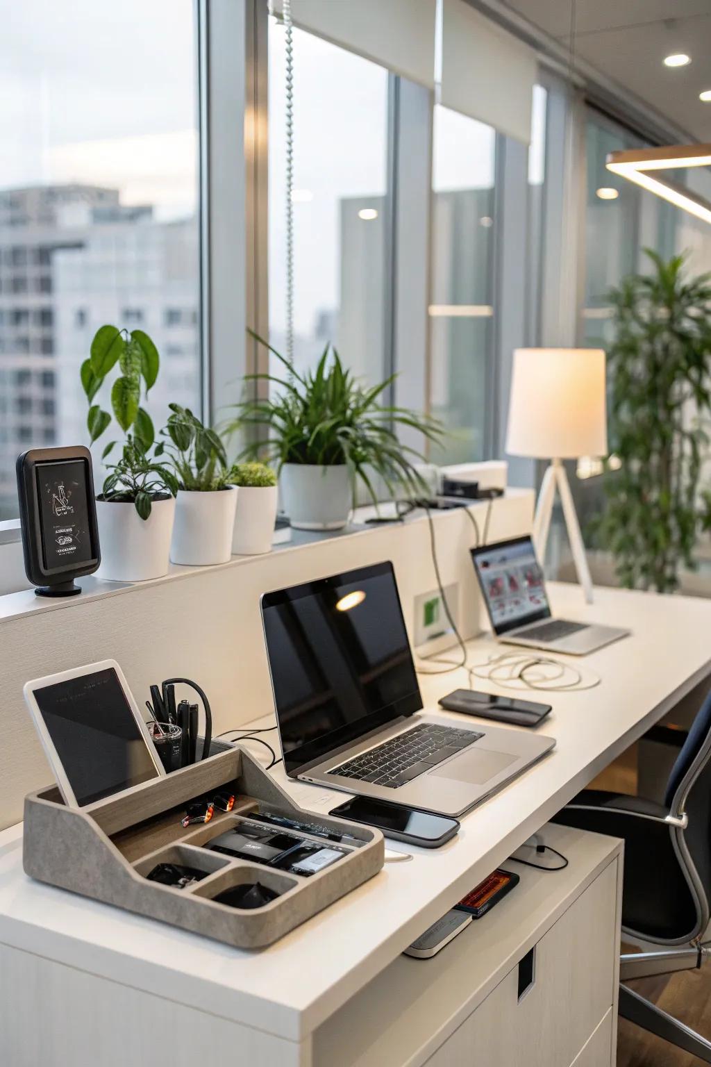 A structured tech hub maintains a neat and efficient workspace.