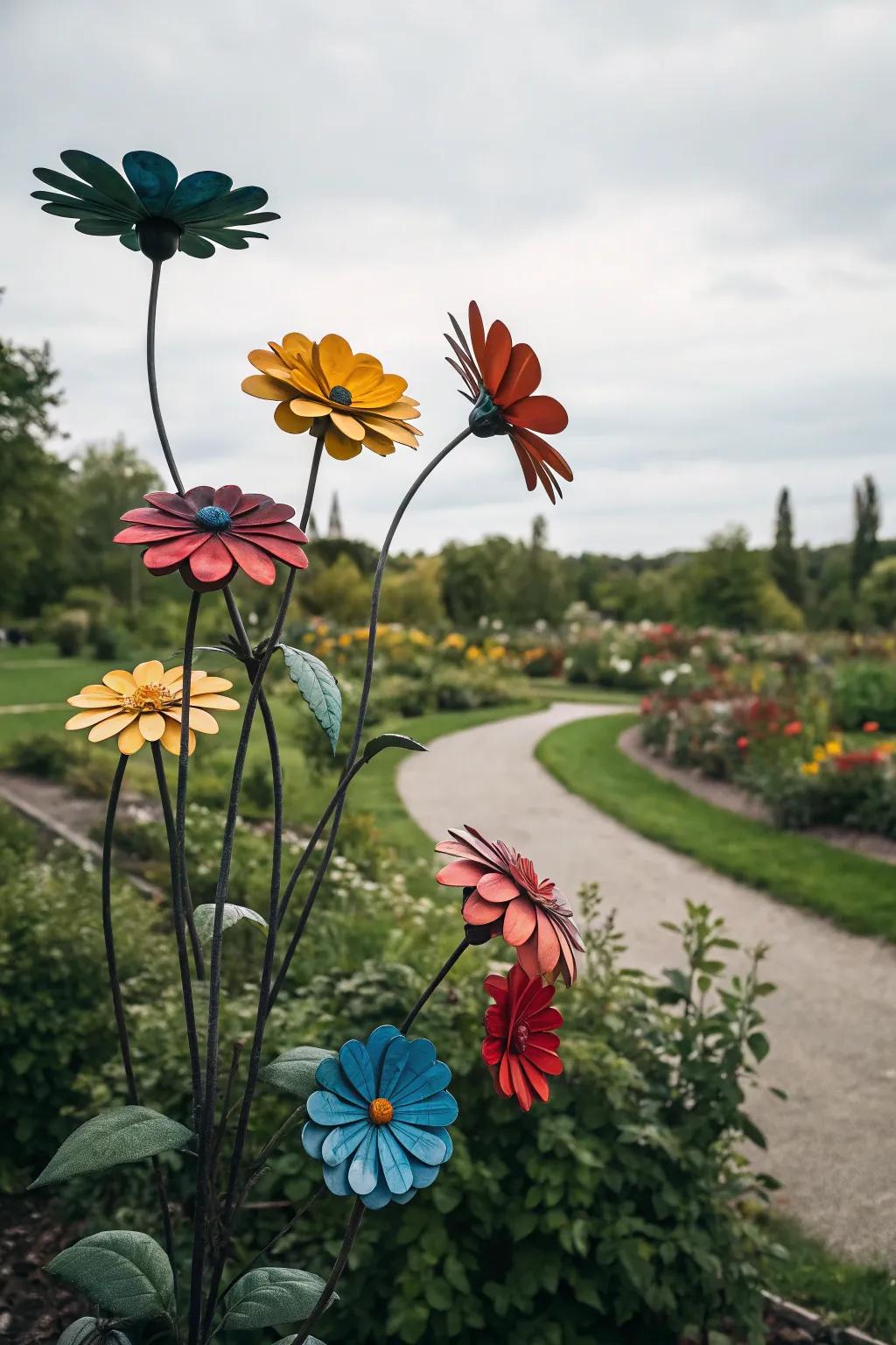Colorful metal flowers bring everlasting blooms.