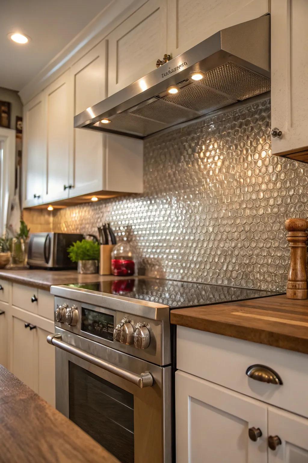 A kitchen featuring a hammered metal tile backsplash with a unique texture.