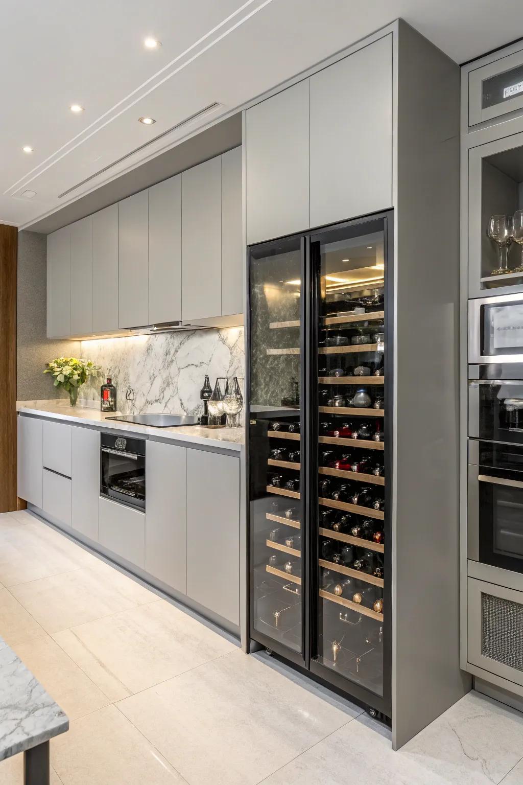 An integrated vino display effortlessly consolidates storage with style.