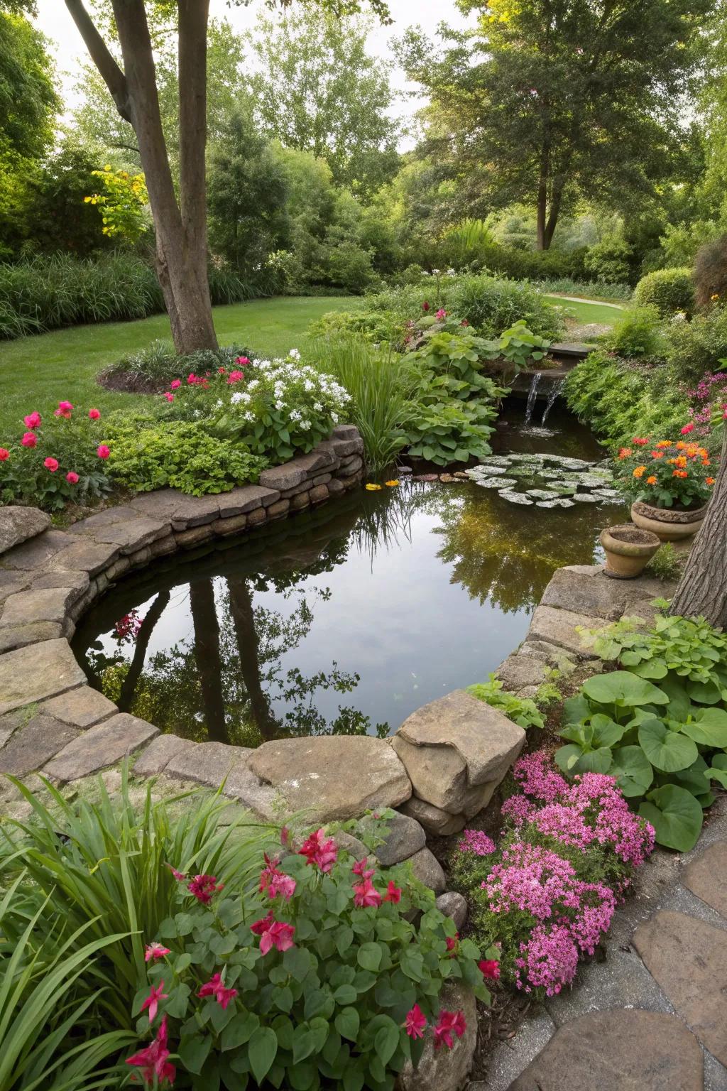 A mini pond vibing perfectly with the garden scene.