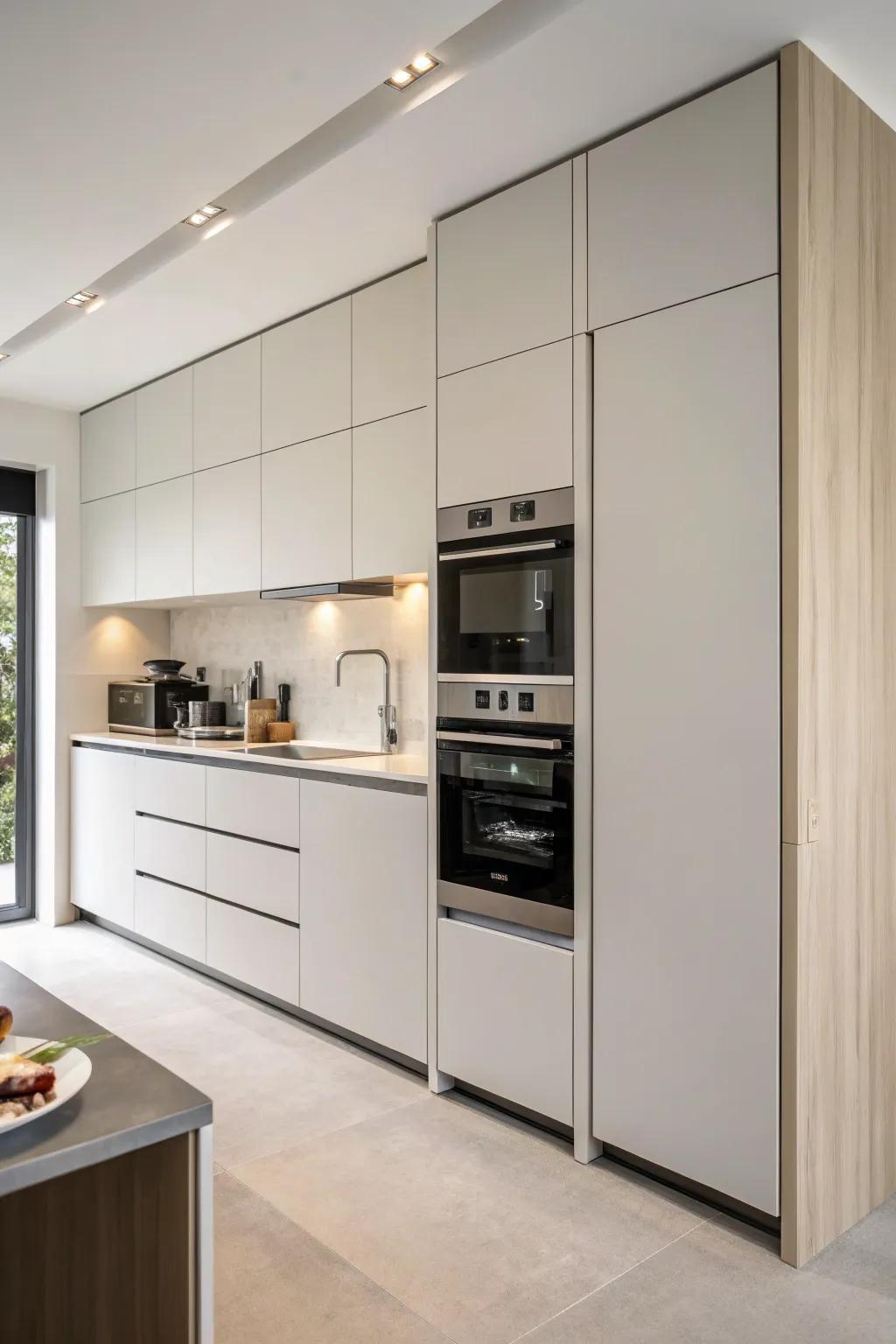 Fitted appliances in a minimalist kitchen for a smooth, cohesive appearance.